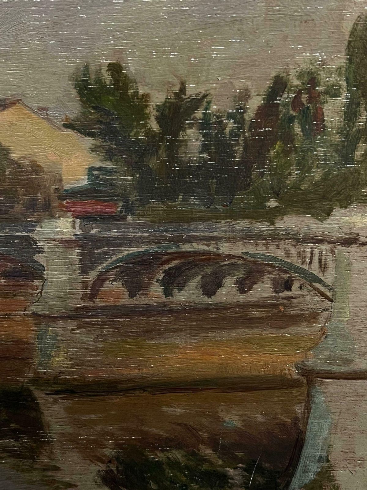 French Schoolantique French Impressionist Oil Grey Bridge Riverside Landscape Through Town1900's photo for sale