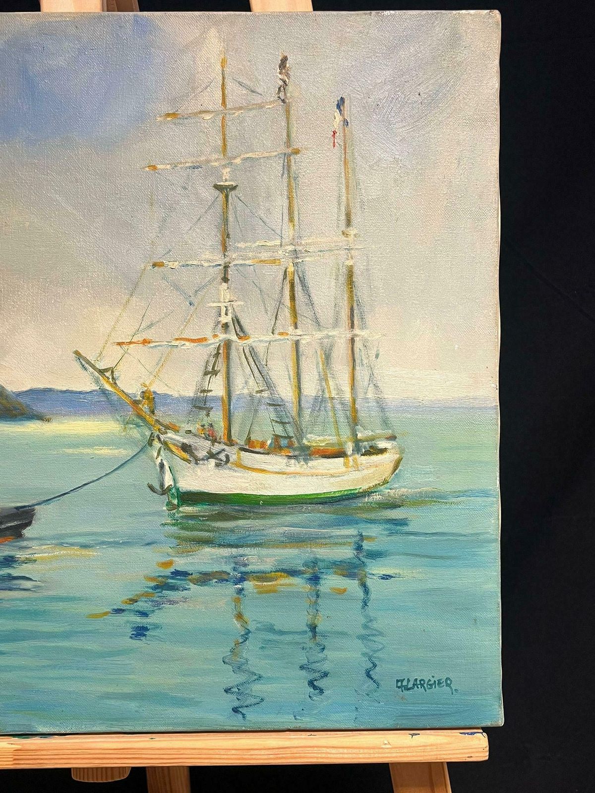 French School20th Century French Oil Blue Maritime Scene Of Steamship And Classic Yacht20th Century photo Art
