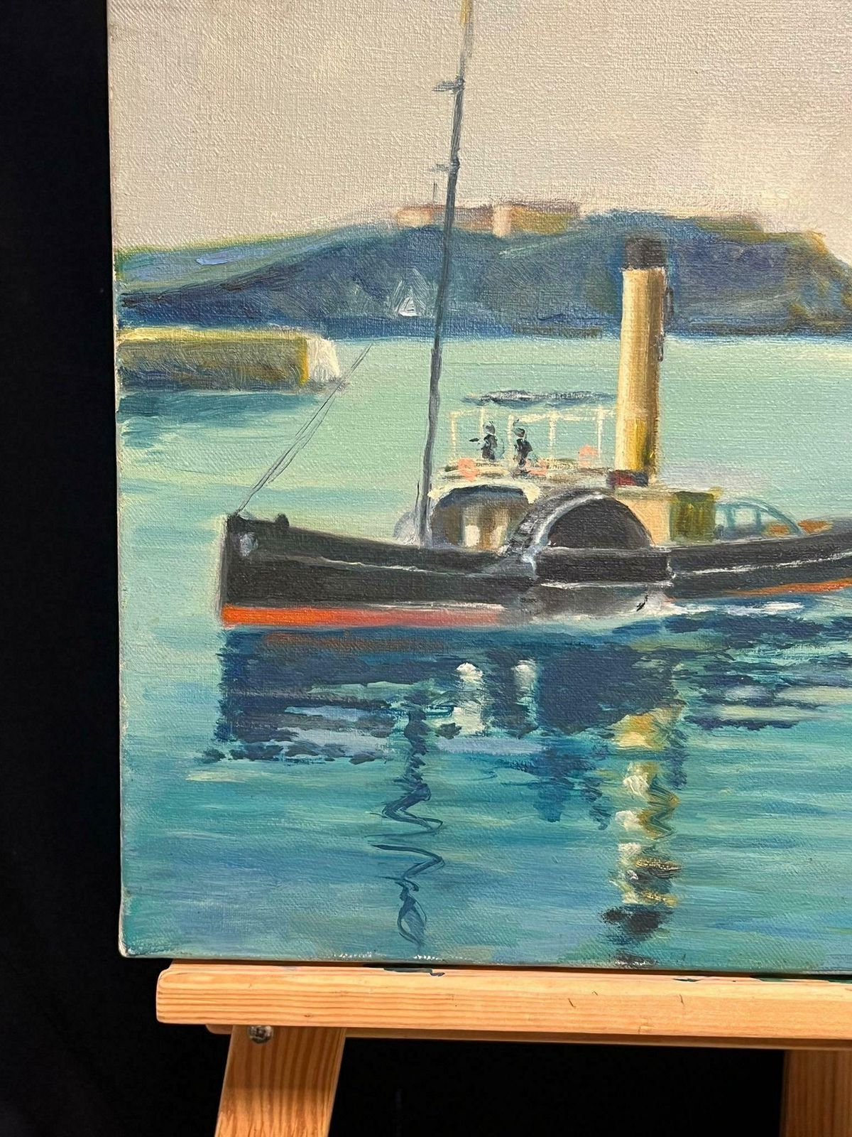 French School20th Century French Oil Blue Maritime Scene Of Steamship And Classic Yacht20th Century photo buy