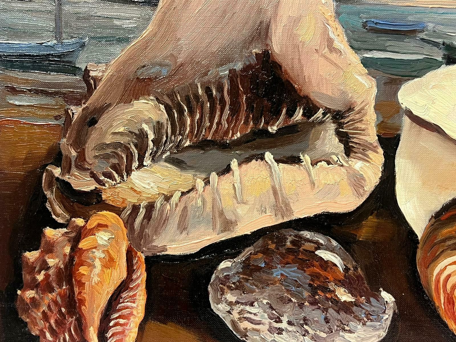 Georges Bordonove1970s French Signed Oil Painting Large Seashells Brittany Fishing Harbor Exhibit1978 photo for sale