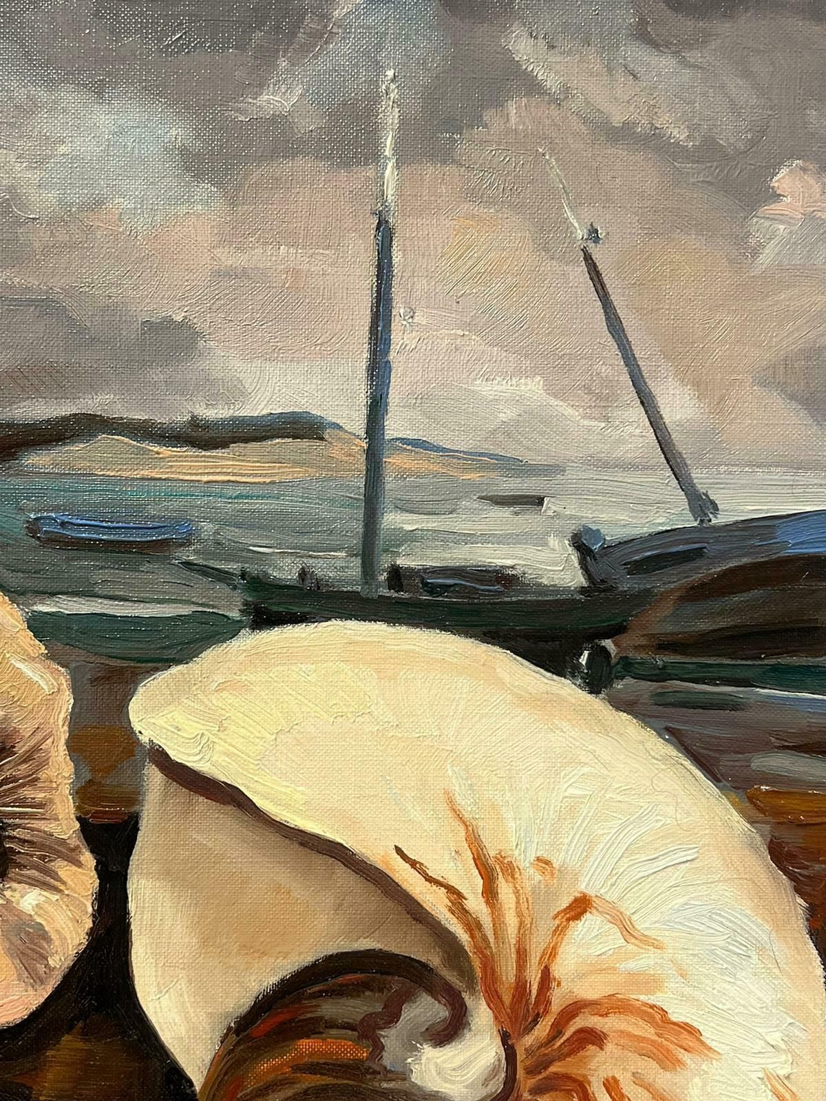 Georges Bordonove1970s French Signed Oil Painting Large Seashells Brittany Fishing Harbor Exhibit1978 photo vinterior