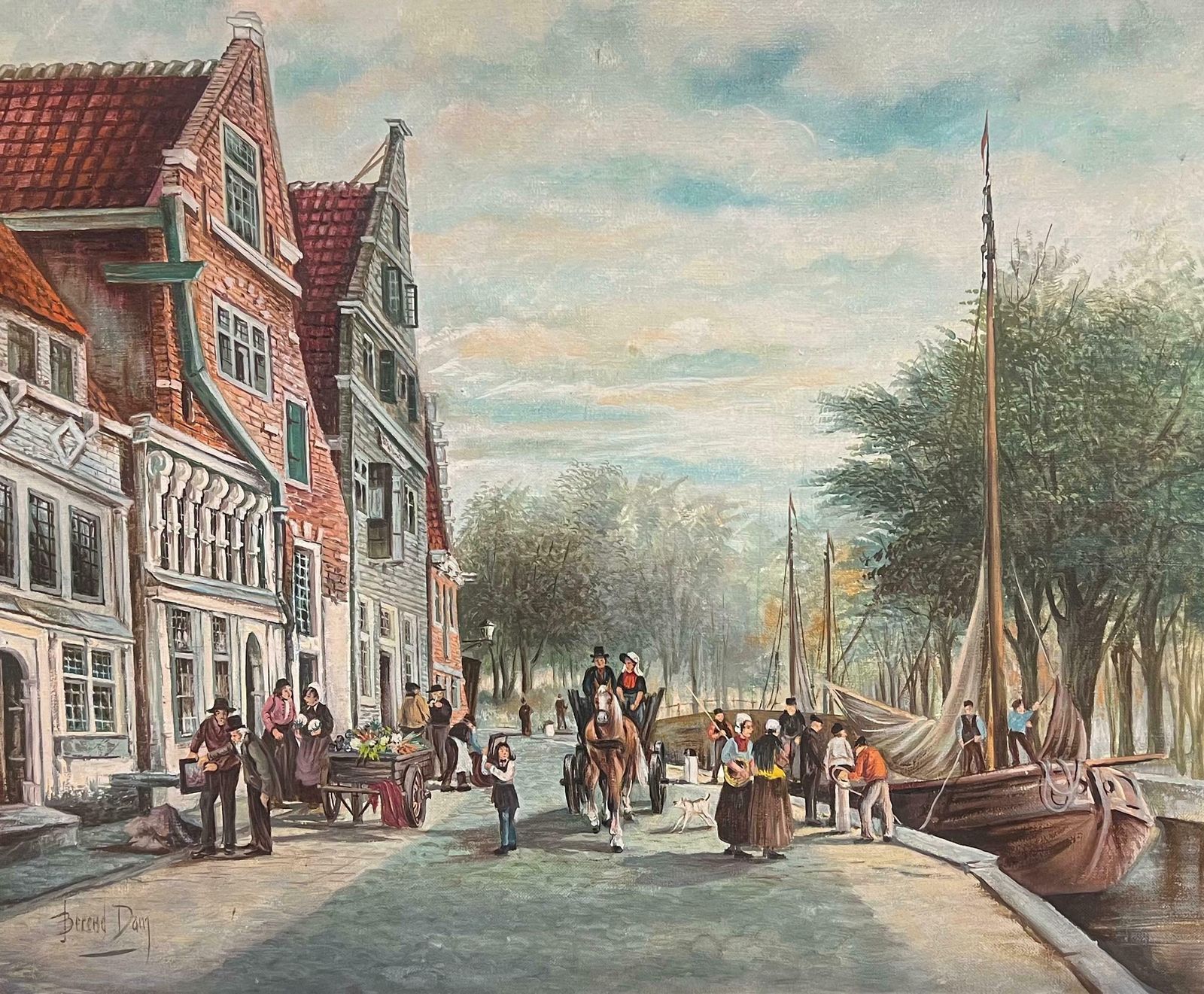 Dutch Schoolbusy Dutch Canal Market Scene Large Signed Oil Painting With Figures20th Century photo furniture
