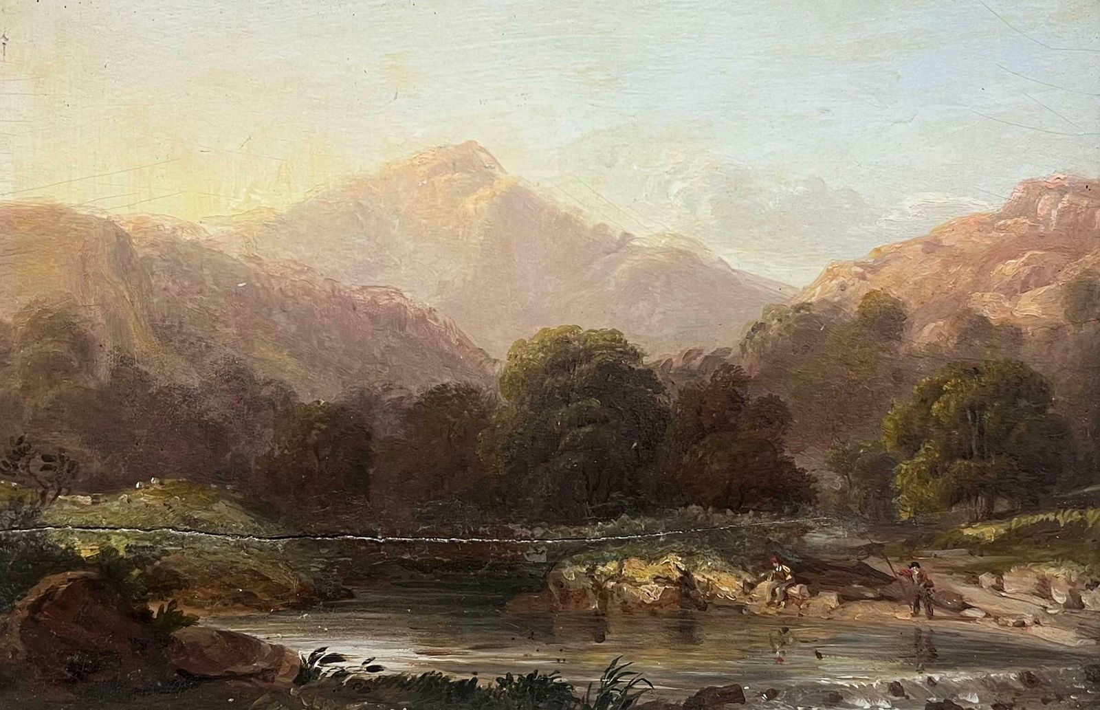 Antique C.1800's Scottish Oil Highland Landscape Anglers Fishing Autumnal River19th Century