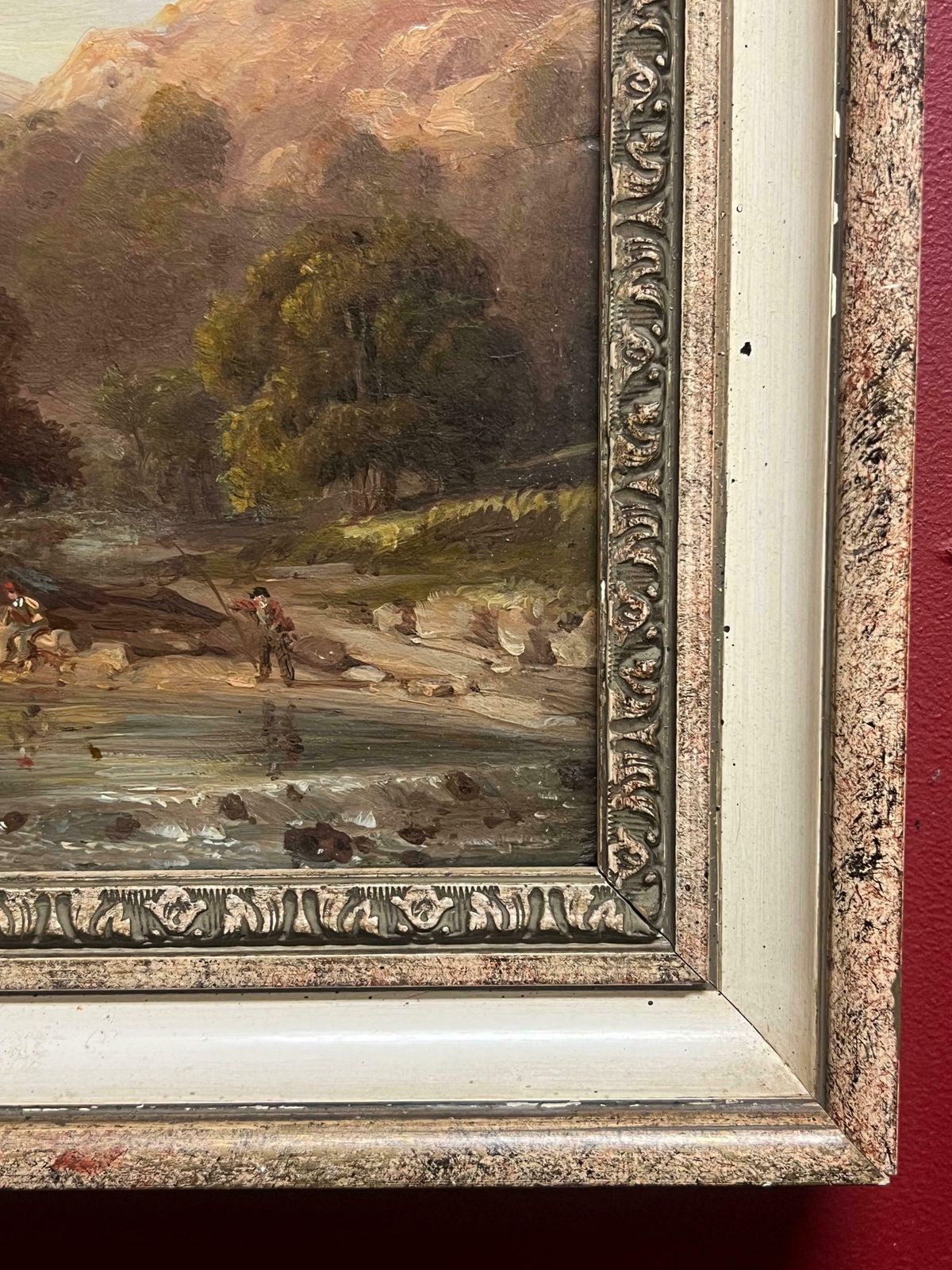 Antique C.1800's Scottish Oil Highland Landscape Anglers Fishing Autumnal River19th Century photo Art