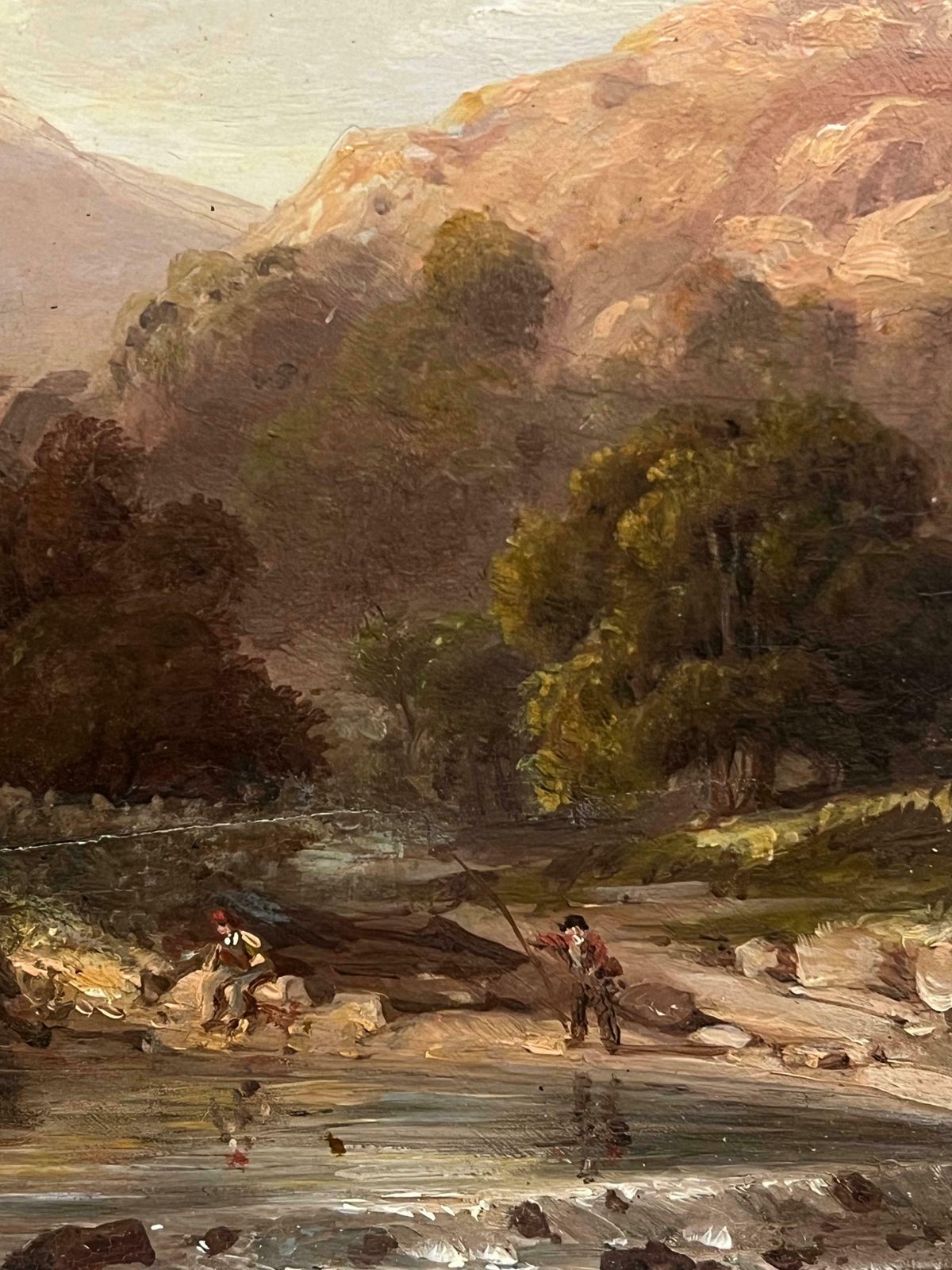 Antique C.1800's Scottish Oil Highland Landscape Anglers Fishing Autumnal River19th Century photo 1275.0