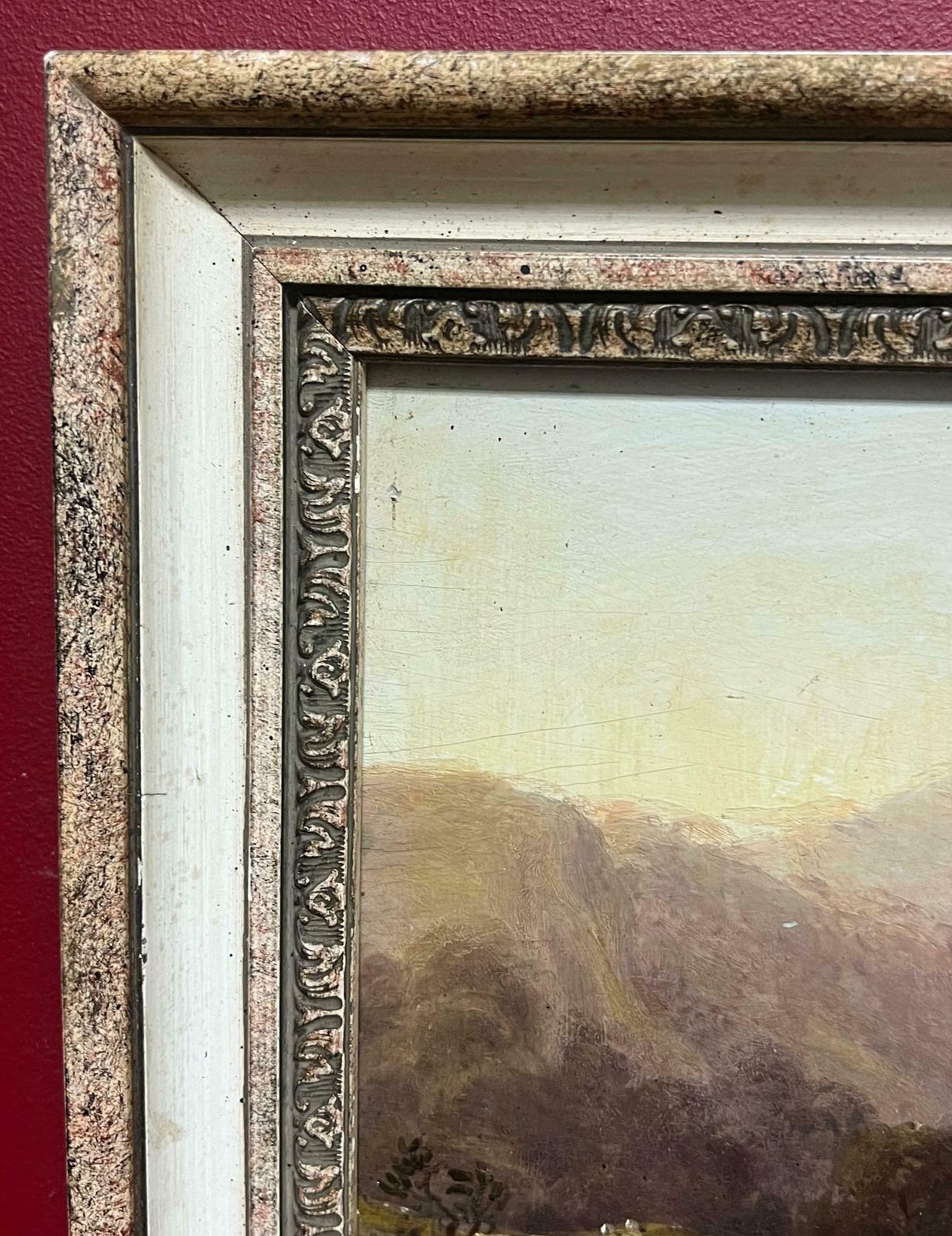 Antique C.1800's Scottish Oil Highland Landscape Anglers Fishing Autumnal River19th Century photo vinterior