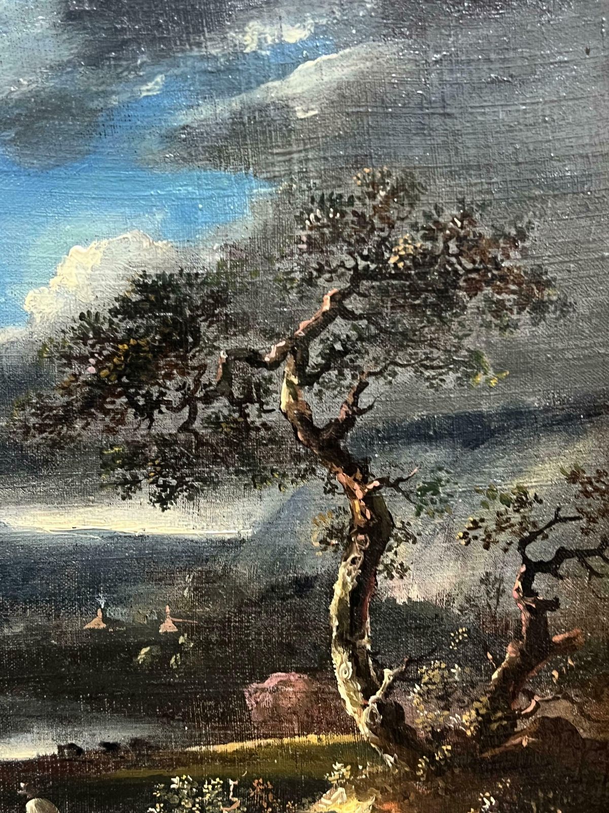 Early 1800's British Oil Painting Figures In Brooding Nocturnal Hilly Landscape 19th Century photo Art