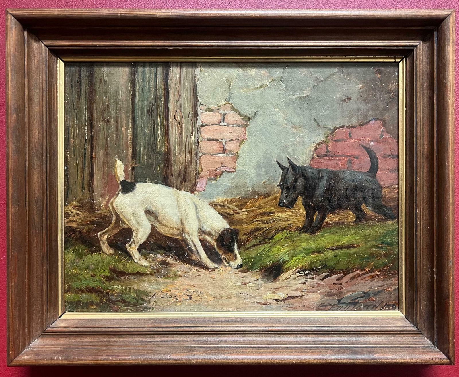 E. S. Englandfine 1890's British Dog Painting Fox Terrier & Scottish Terrier Sniffing In Farm1890 photo furniture