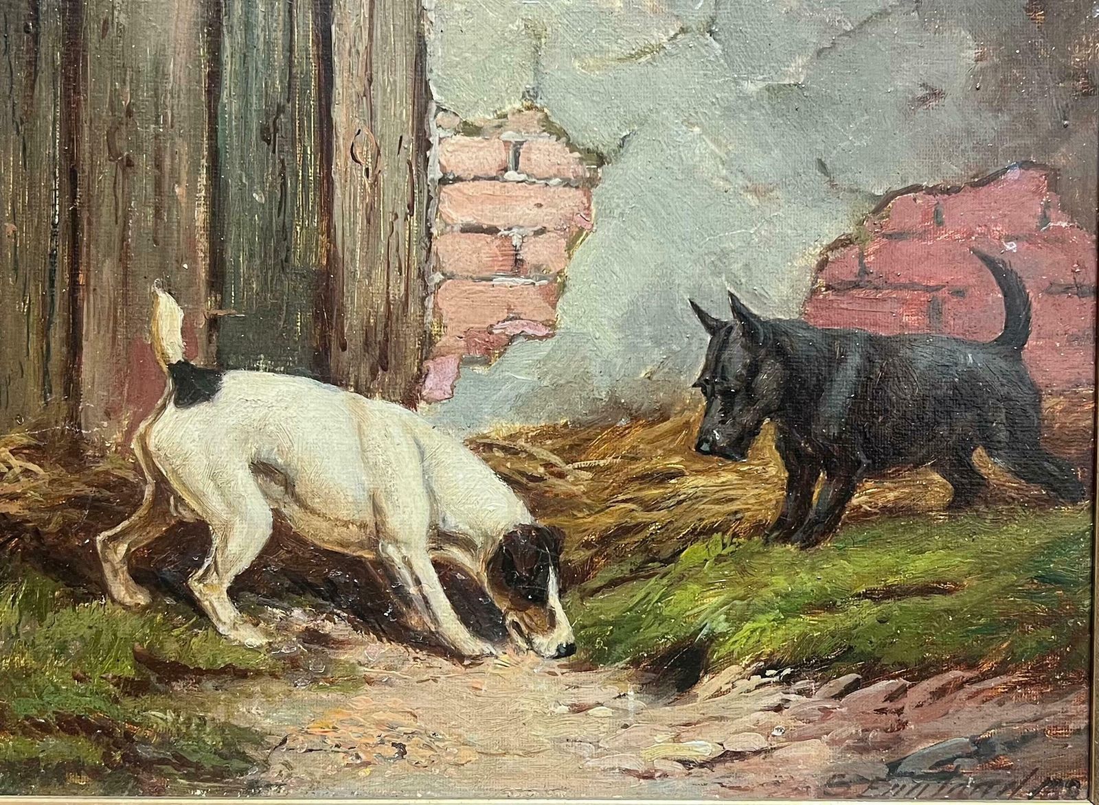 E. S. Englandfine 1890's British Dog Painting Fox Terrier & Scottish Terrier Sniffing In Farm1890 photo for sale