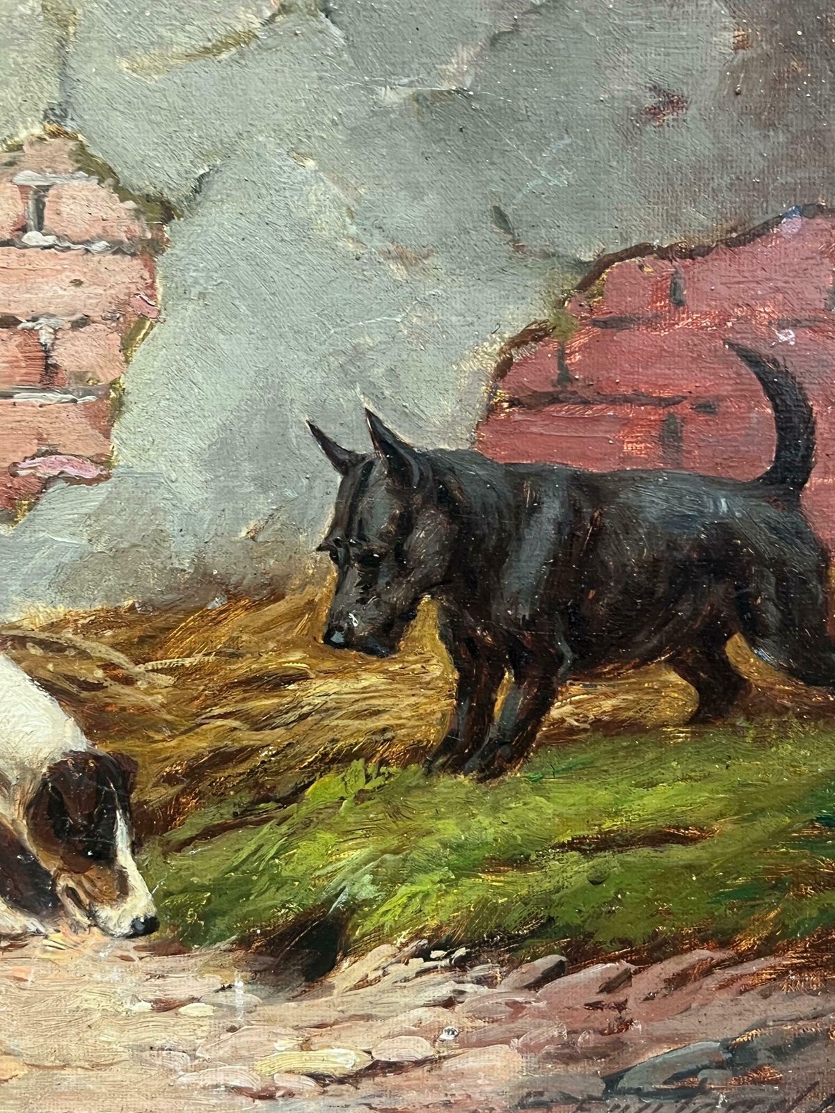 E. S. Englandfine 1890's British Dog Painting Fox Terrier & Scottish Terrier Sniffing In Farm1890 photo 1731.0