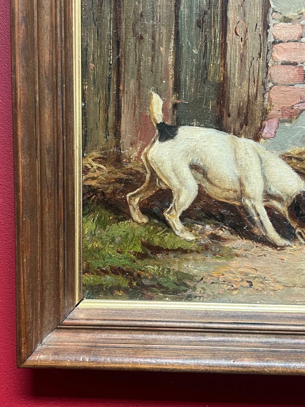 E. S. Englandfine 1890's British Dog Painting Fox Terrier & Scottish Terrier Sniffing In Farm1890 photo vintage