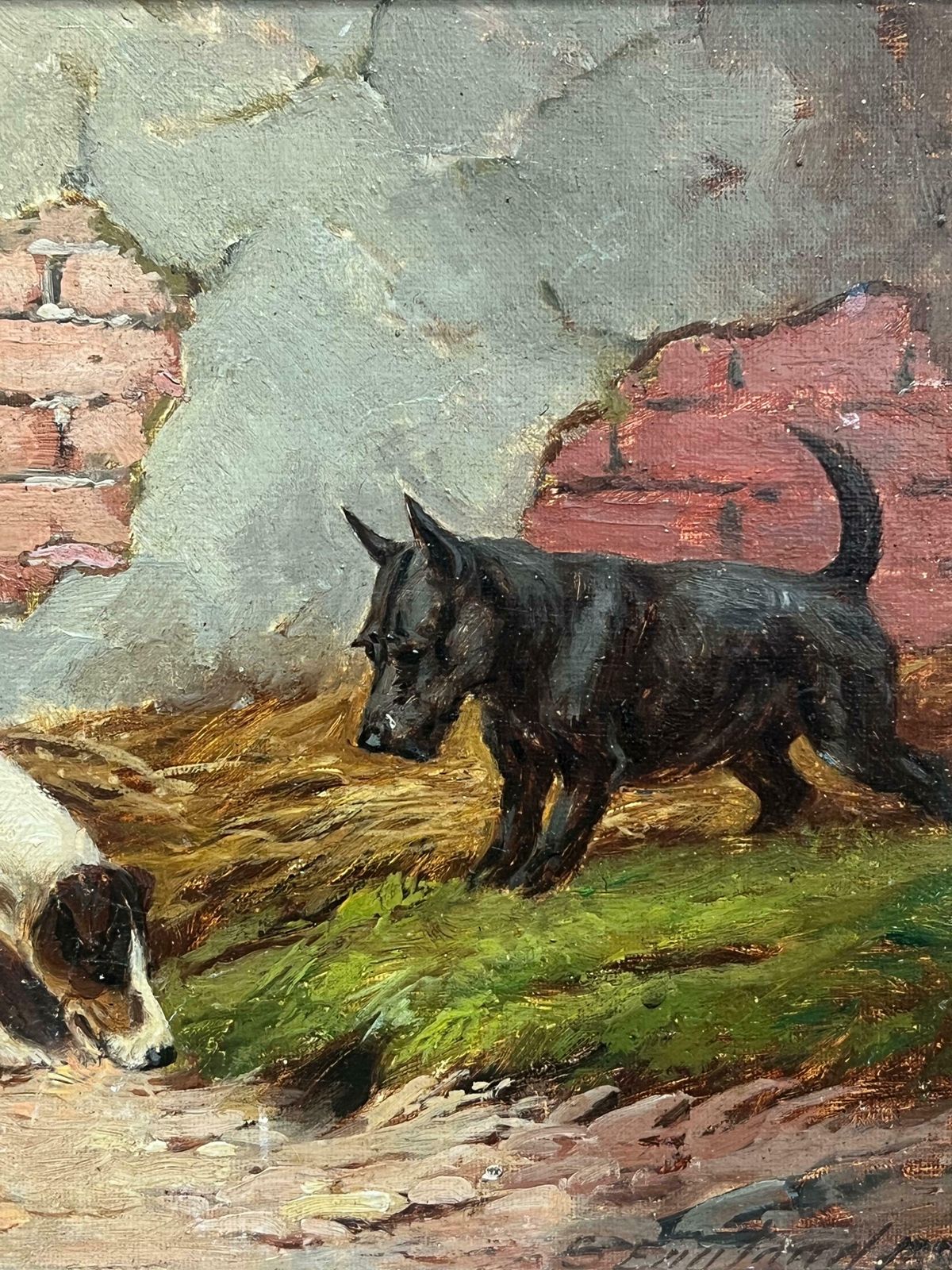 Art E. S. Englandfine 1890's British Dog Painting Fox Terrier & Scottish Terrier Sniffing In Farm1890 photo