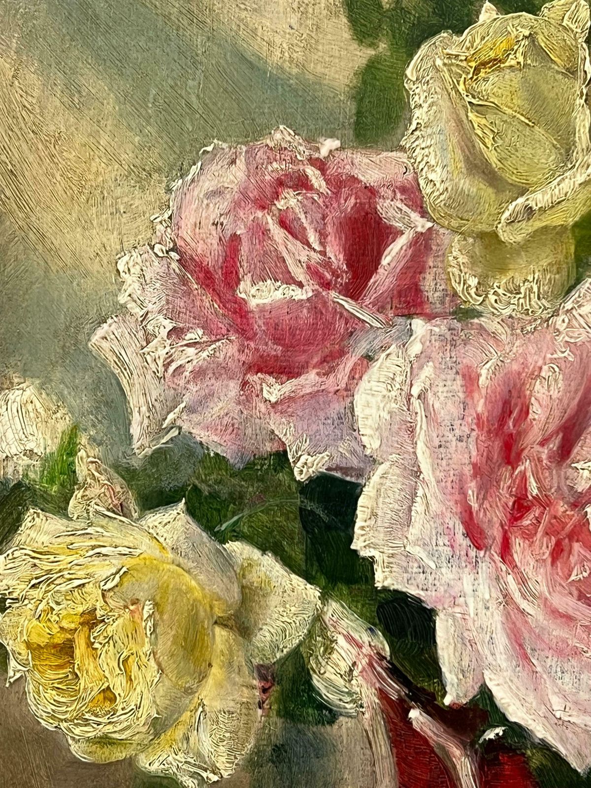 French Late 19th Century Schoolfrench 19th Century Impressionist Oil Roses In Red Vase1890's photo vintage