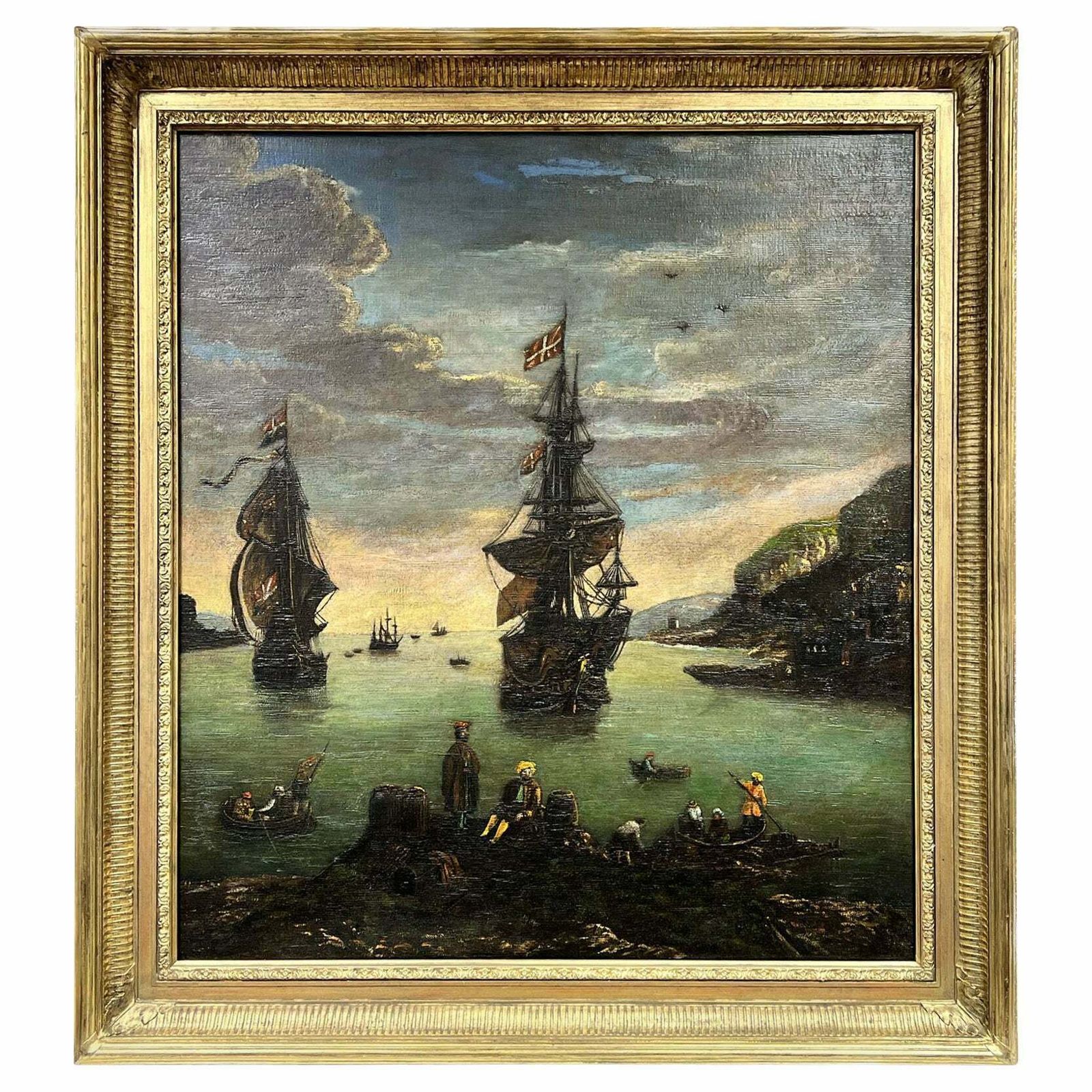19th Century Schoolhuge European Antique Oil Painting Merchants & Ships In Ancient Trading Port19th Century