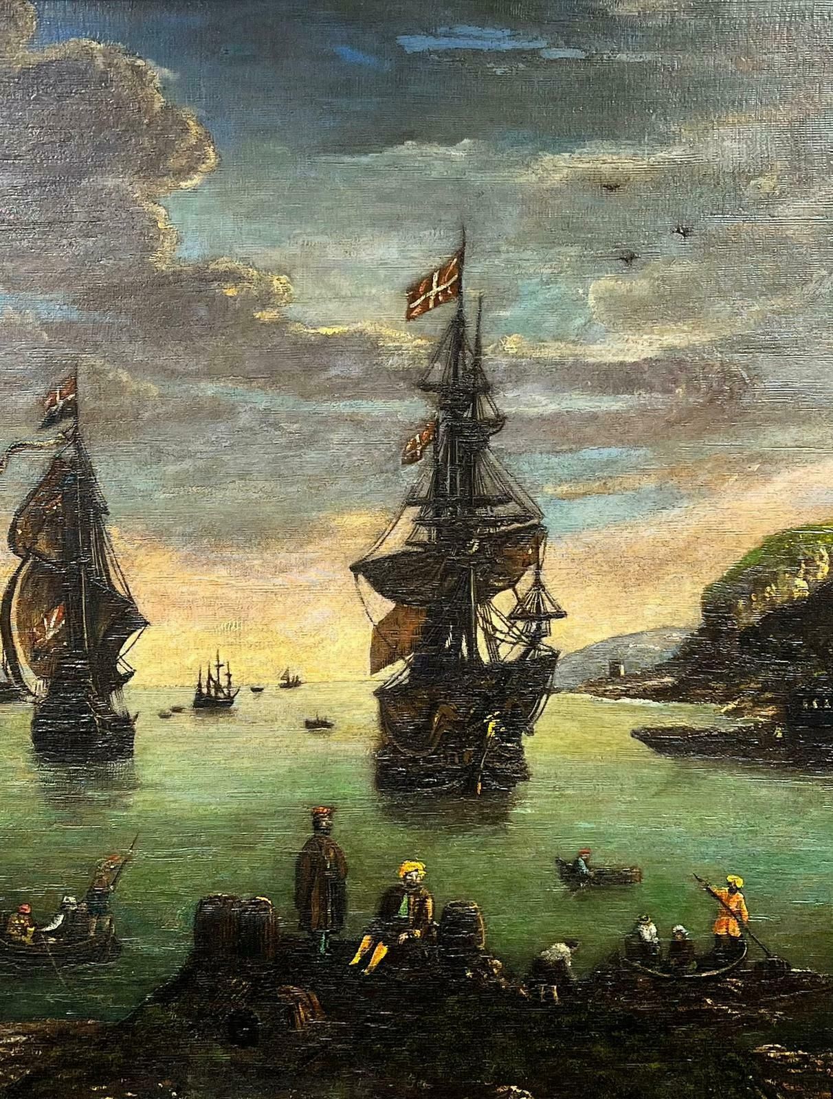 19th Century Schoolhuge European Antique Oil Painting Merchants & Ships In Ancient Trading Port19th Century photo furniture