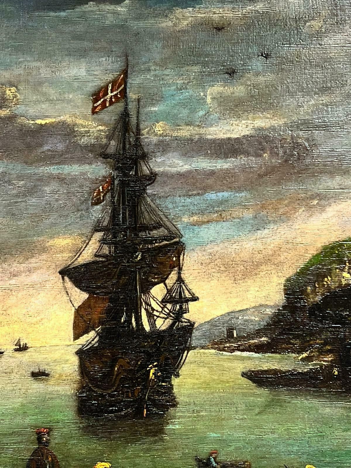 19th Century Schoolhuge European Antique Oil Painting Merchants & Ships In Ancient Trading Port19th Century photo for sale