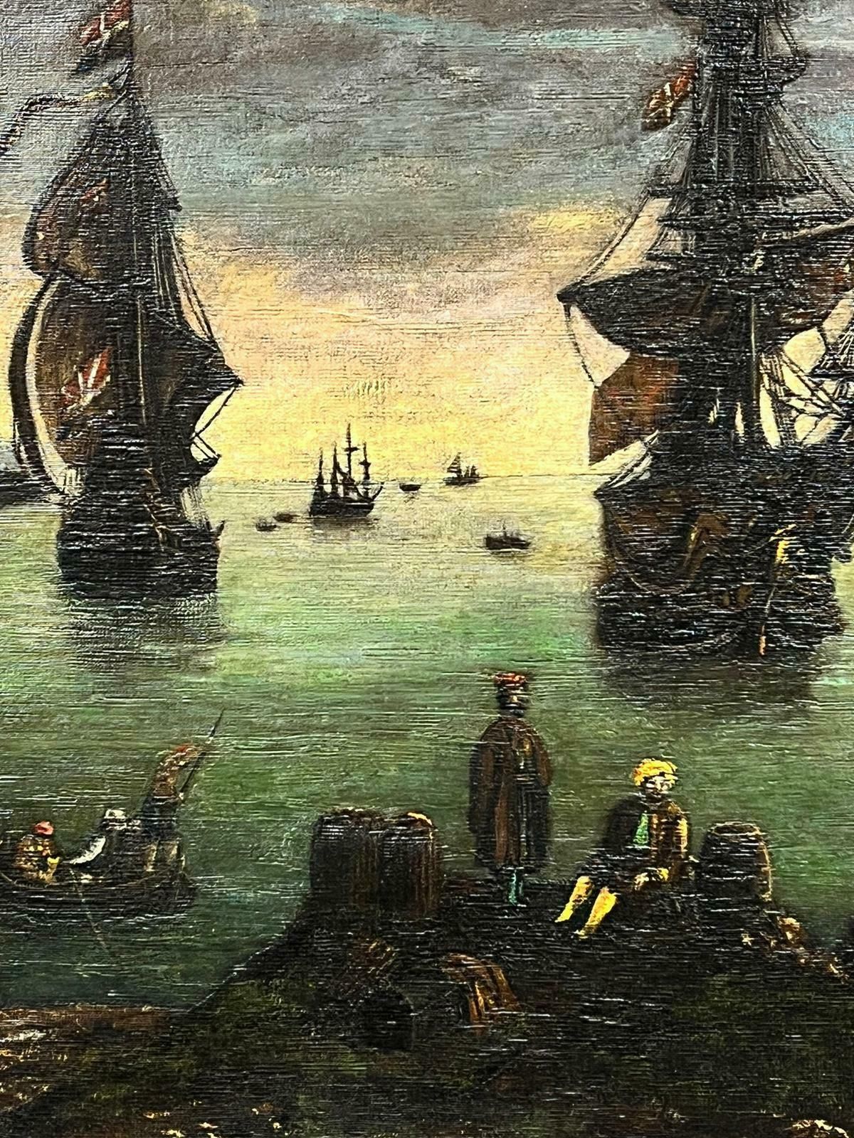 19th Century Schoolhuge European Antique Oil Painting Merchants & Ships In Ancient Trading Port19th Century photo Art