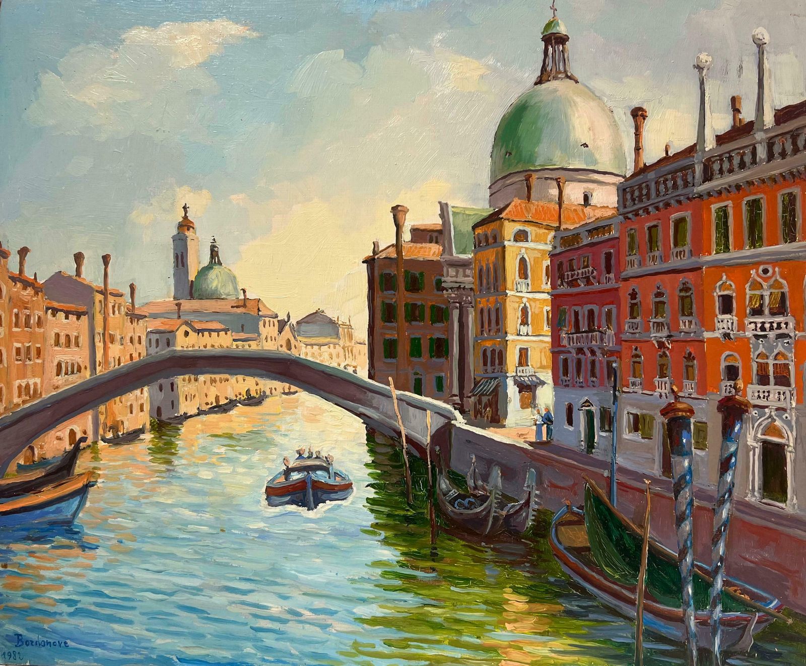 Georges Bordonove1980's French Oil Painting Venice Canal With Boats & Buildings Signed Dated1982