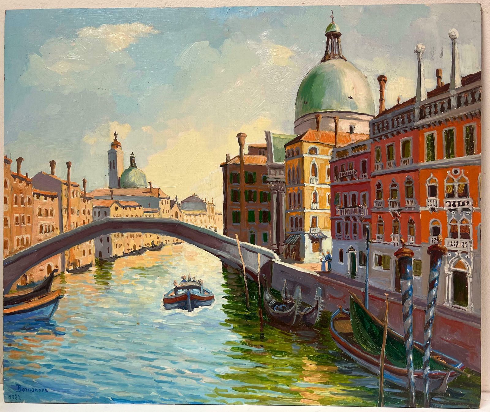 Georges Bordonove1980's French Oil Painting Venice Canal With Boats & Buildings Signed Dated1982 photo furniture