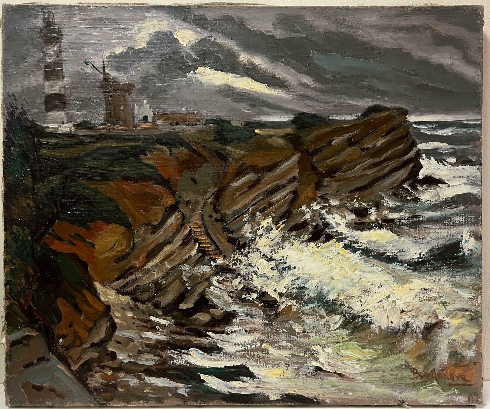 Georges Bordonovelarge French 1970's Impressionist Oil Painting Crashing Waves Lighthouse Coast1972 photo furniture
