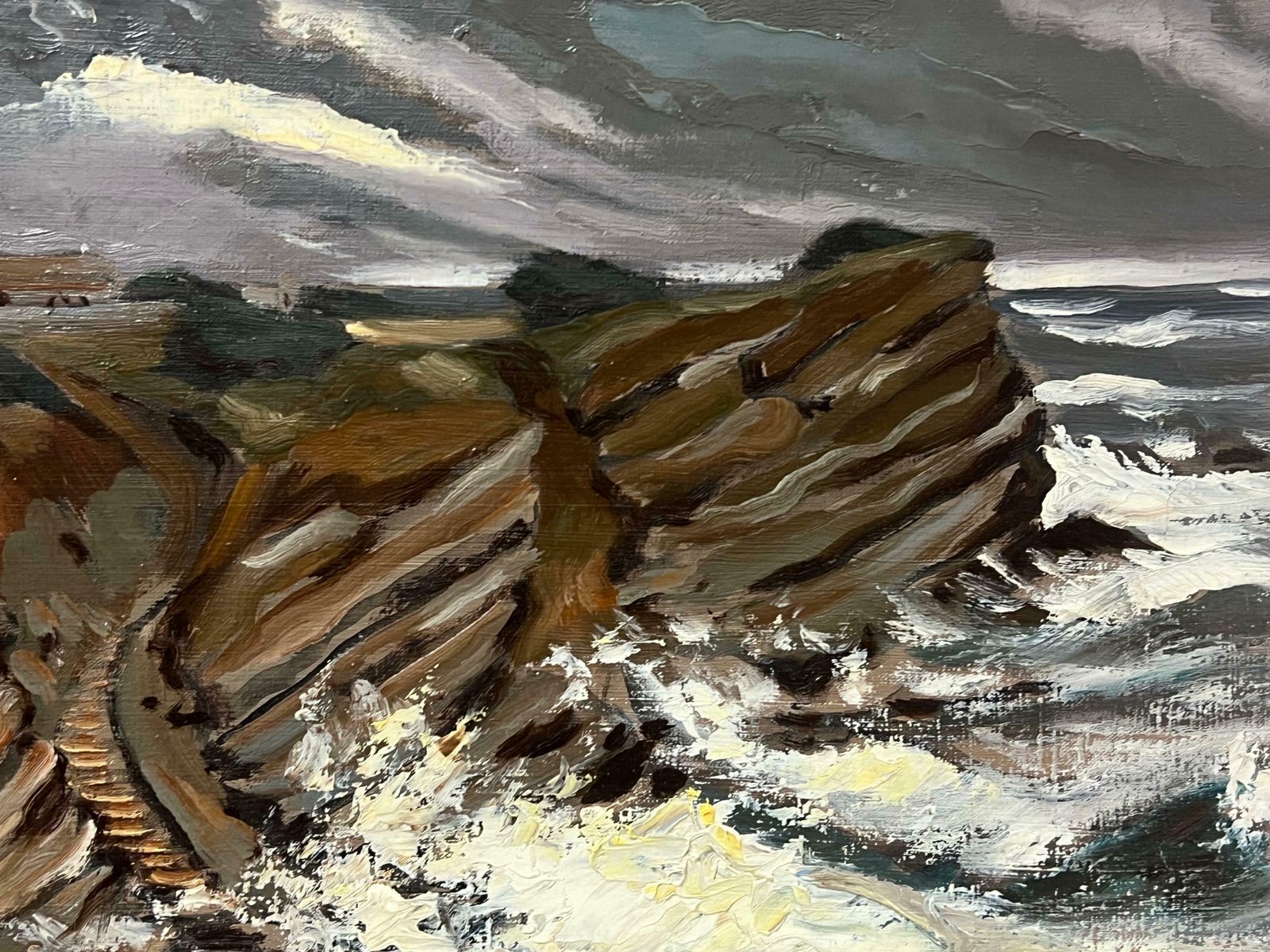 Georges Bordonovelarge French 1970's Impressionist Oil Painting Crashing Waves Lighthouse Coast1972 photo Art