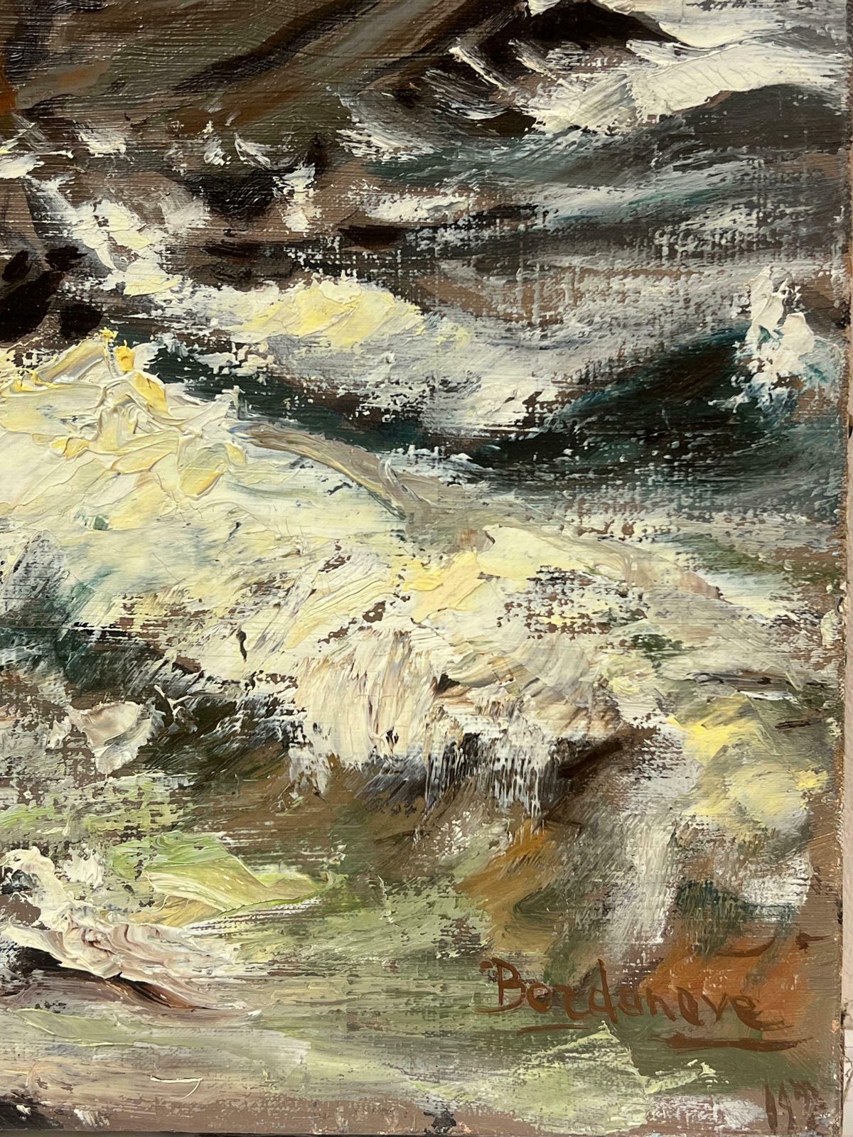 Georges Bordonovelarge French 1970's Impressionist Oil Painting Crashing Waves Lighthouse Coast1972 photo buy