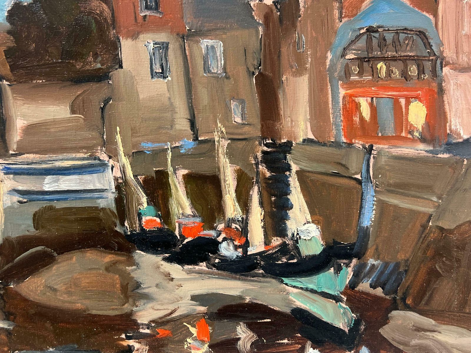 Georges Bordonovelarge French 1970's Oil Painting Honfleur Harbour At Sunset With Boats1970 photo vinterior