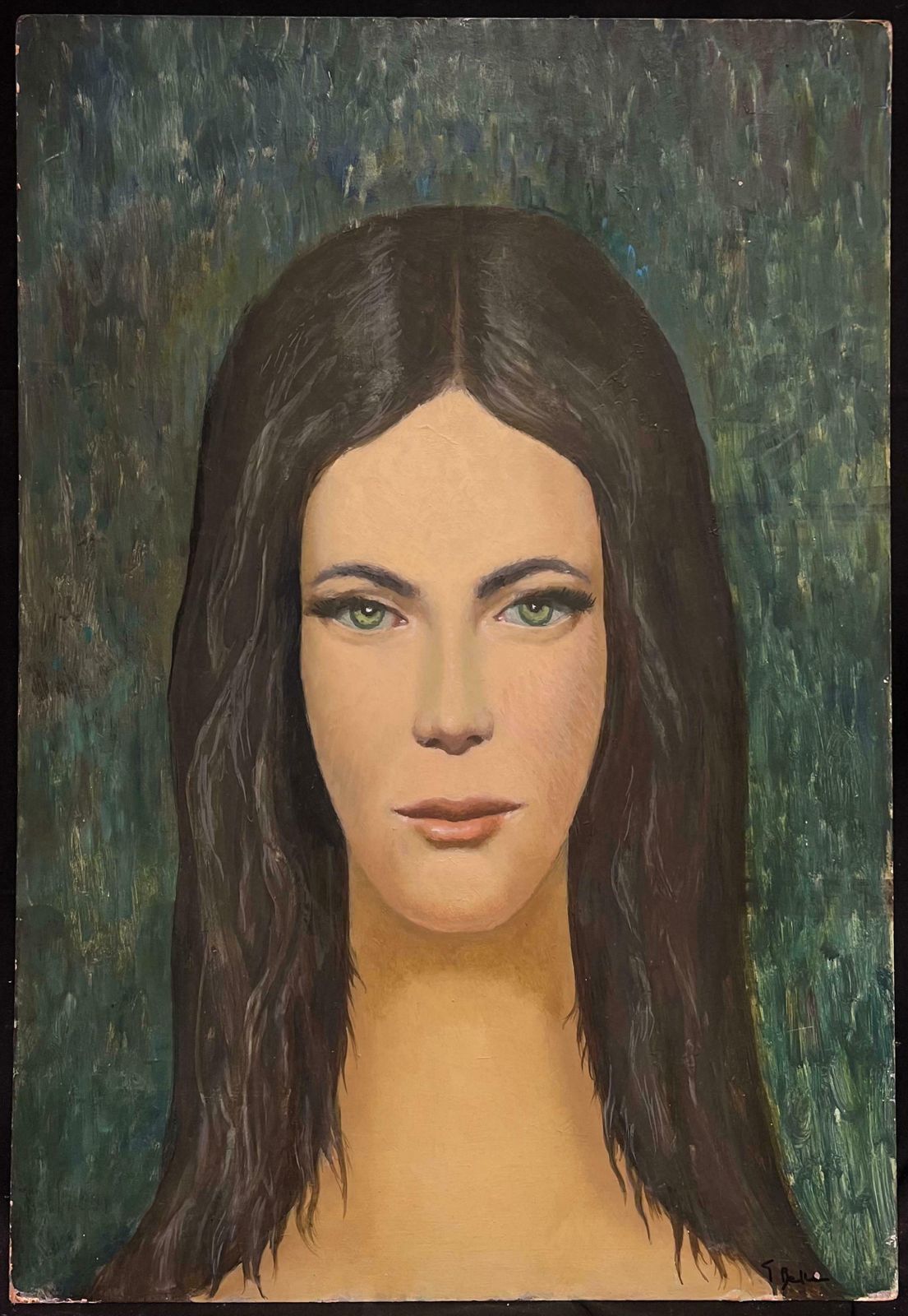 French School1960's French Modernist Oil Painting Portrait Of Young Lady Direct Gaze photo furniture