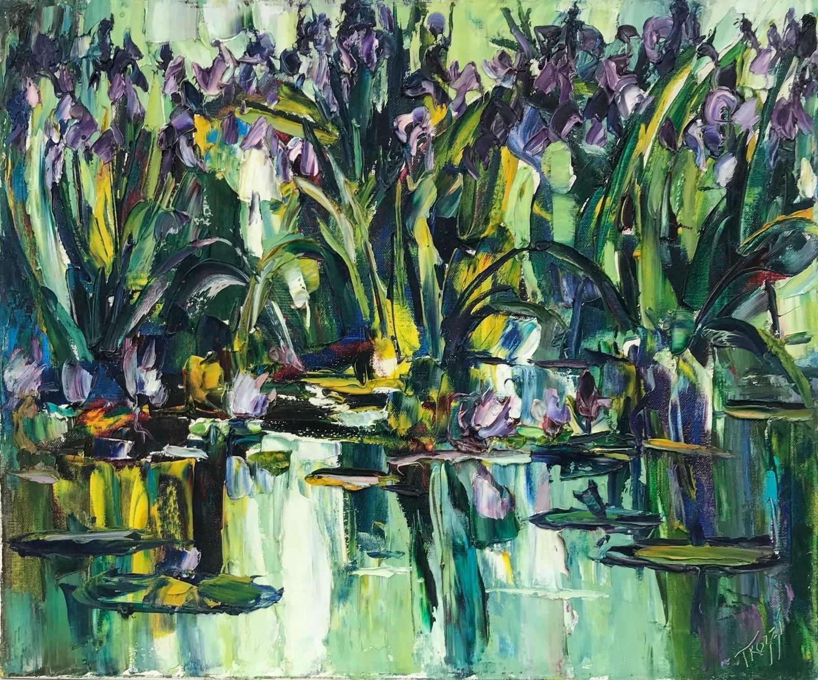 20th Century French Schoolwater Lilies In Pond, Thick Impasto French Signed Oil Painting