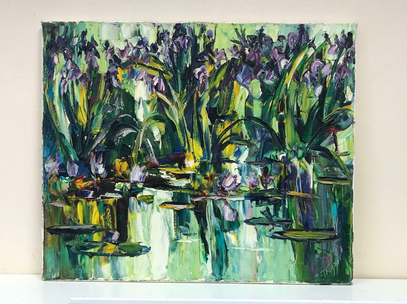 20th Century French Schoolwater Lilies In Pond, Thick Impasto French Signed Oil Painting photo furniture