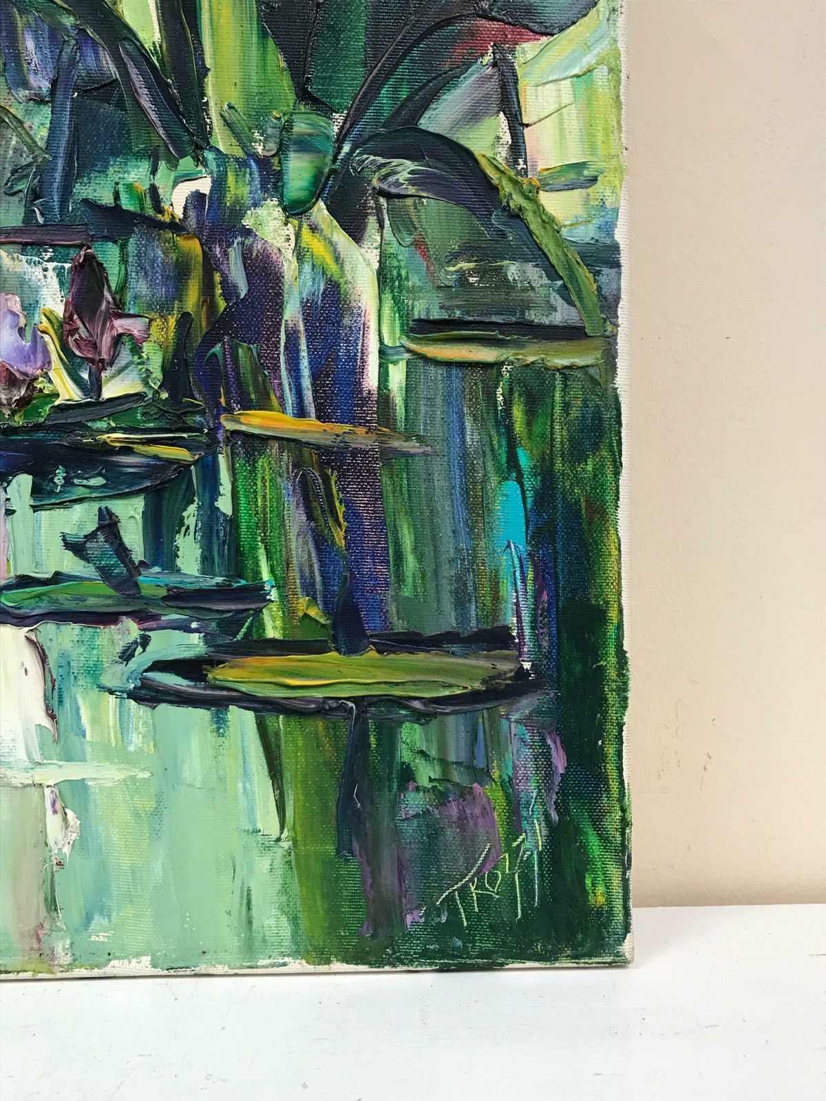20th Century French Schoolwater Lilies In Pond, Thick Impasto French Signed Oil Painting photo vinterior