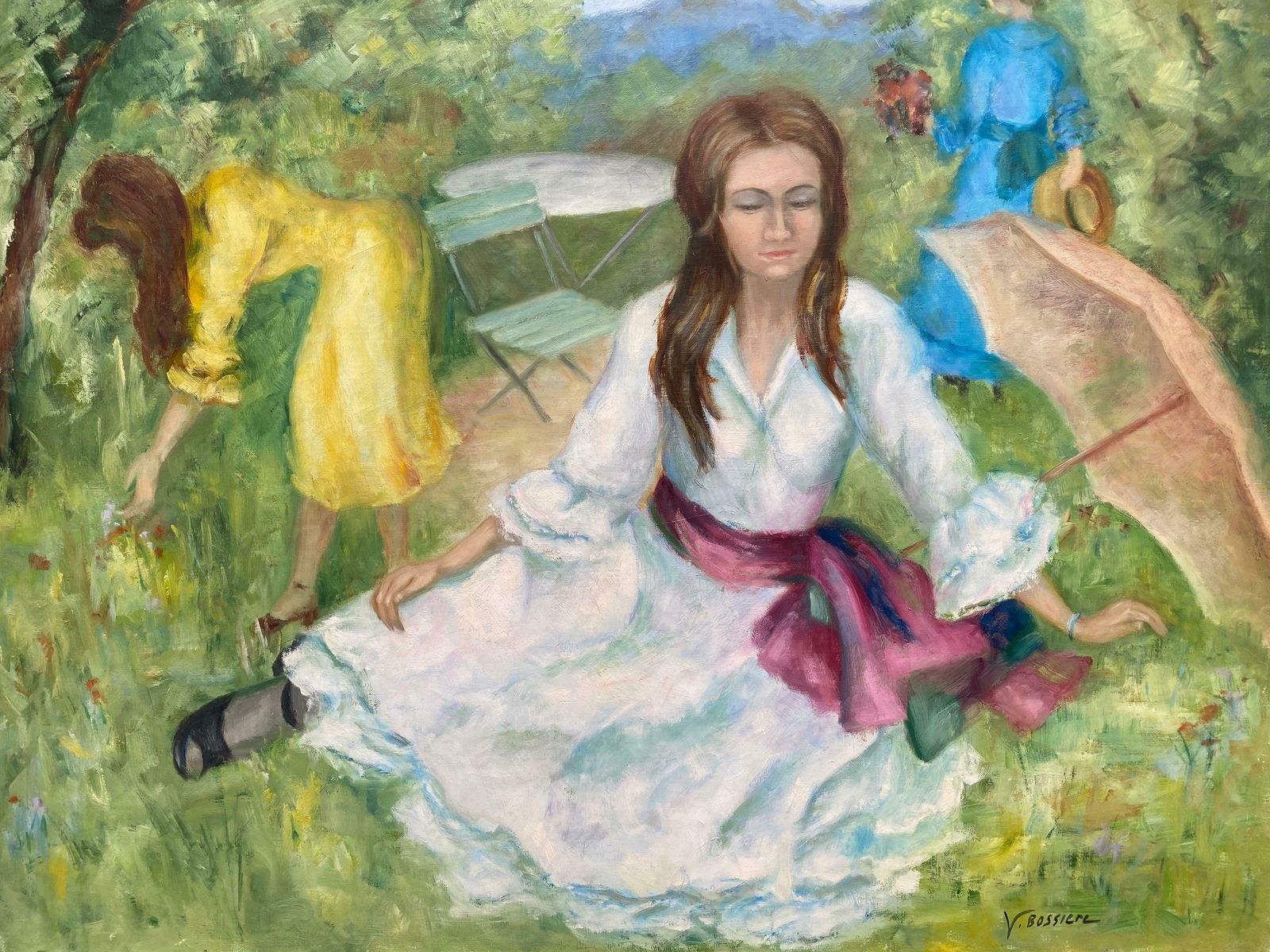 Yvette Bossierehuge 20th Century French Impressionist Young Ladies In Colorful Garden Park20th Century