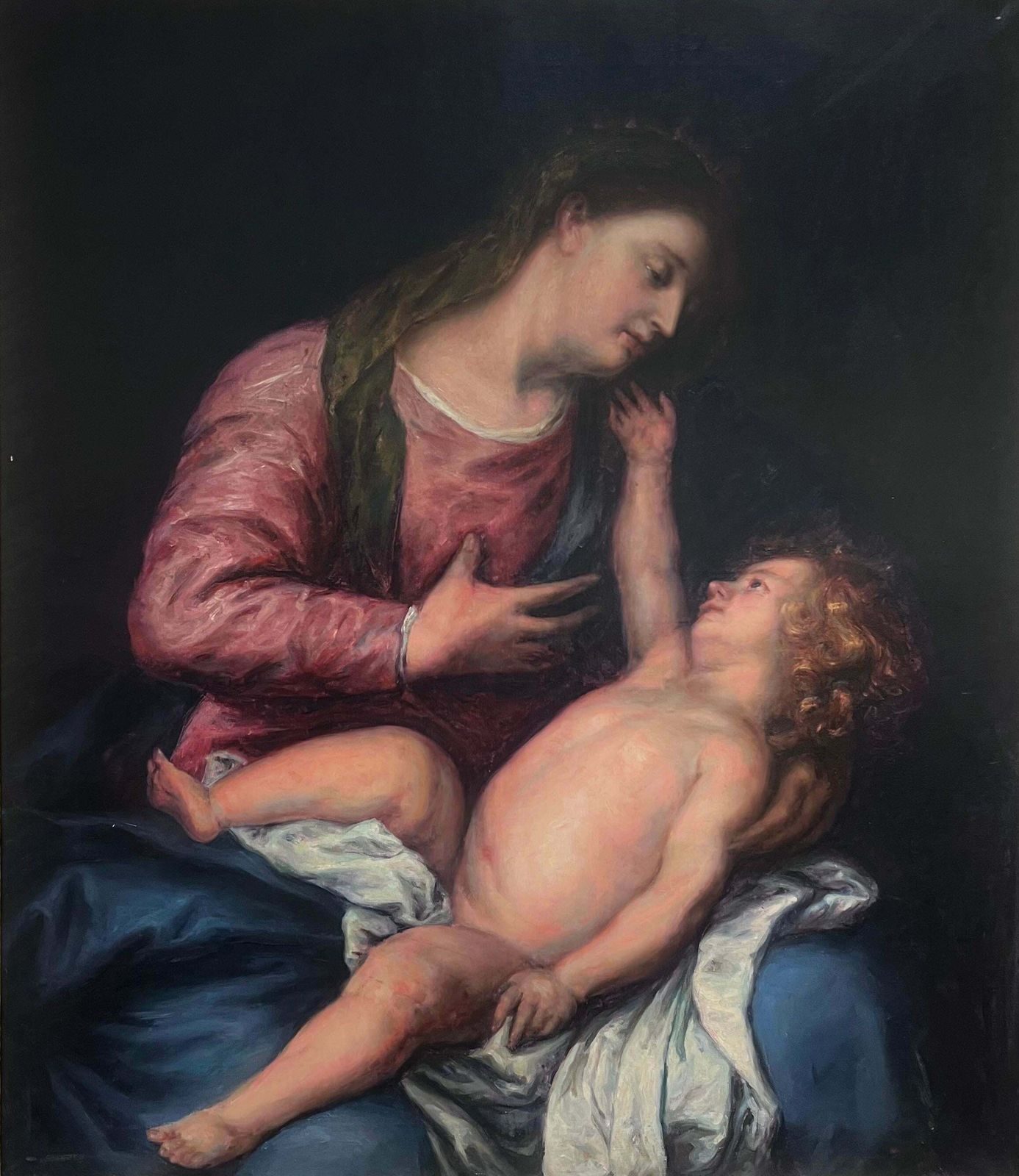 Huge Victorian English Old Master Oil Painting Madonna & Christ Child After Dyck19th Century photo furniture
