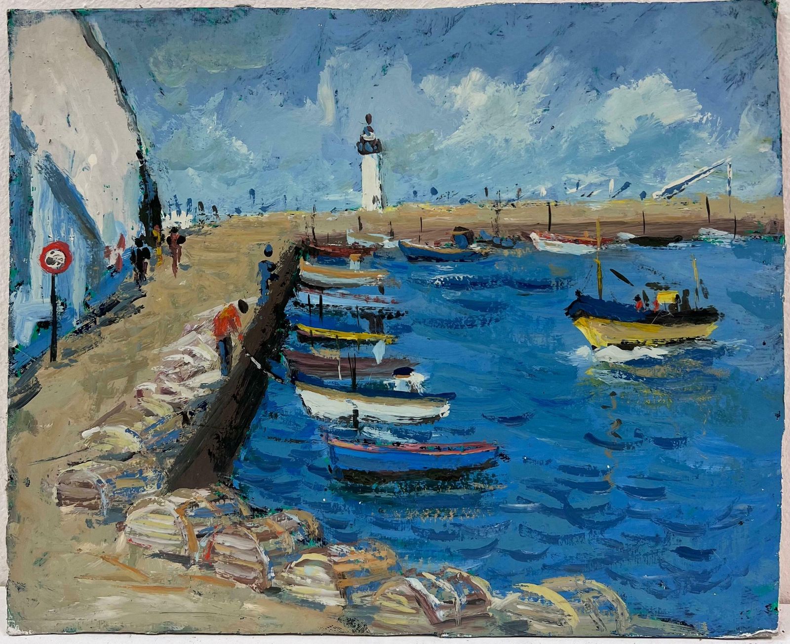 Fanch Lellively Blue Seaside Scene With A Lighthouse And Fishermen Preparing On The Dock20th Century photo furniture