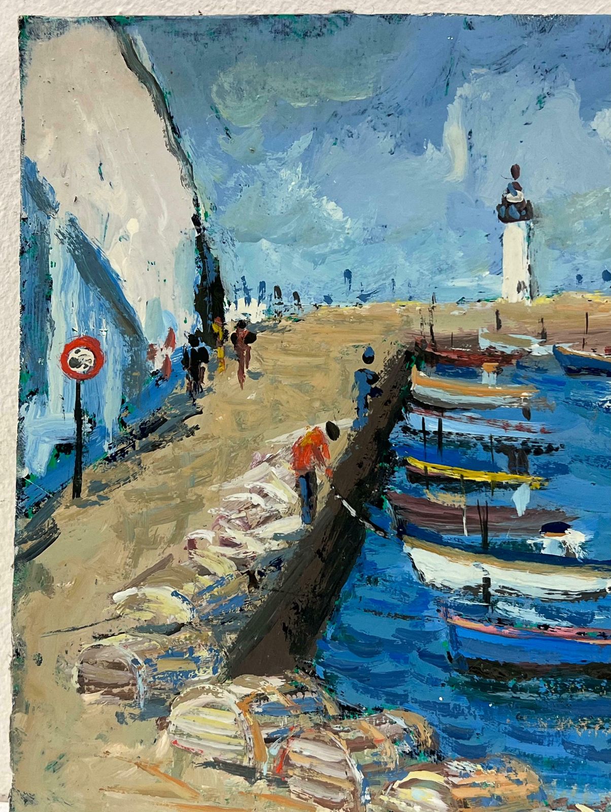 Fanch Lellively Blue Seaside Scene With A Lighthouse And Fishermen Preparing On The Dock20th Century photo Art