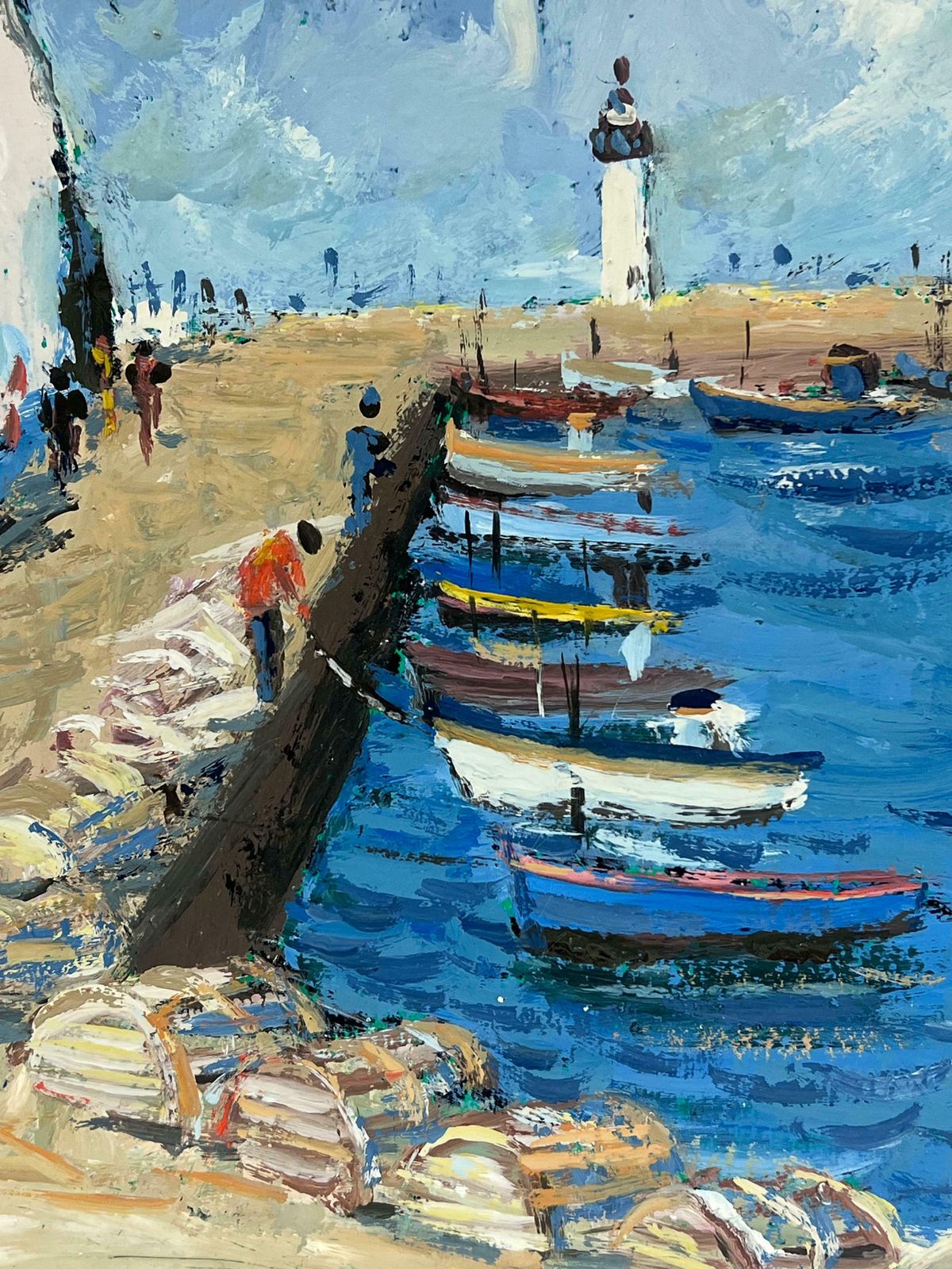 Fanch Lellively Blue Seaside Scene With A Lighthouse And Fishermen Preparing On The Dock20th Century photo 809.0