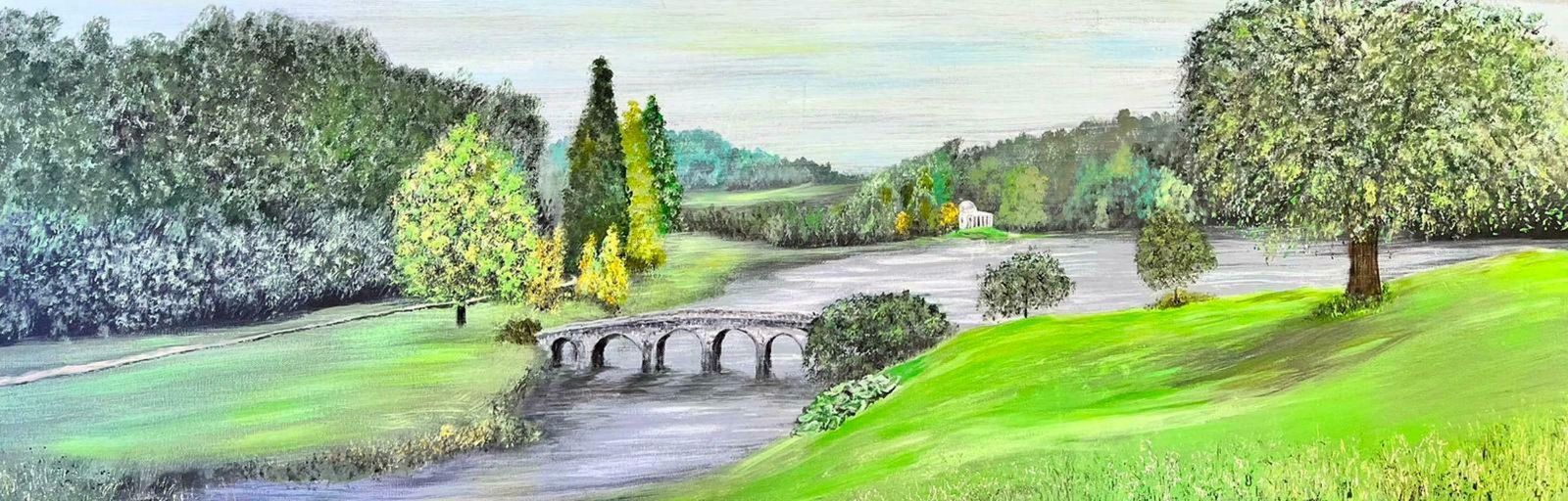 Contemporary British Colourful Modern British Very Large Painting Classical Parkland Lake & Temple