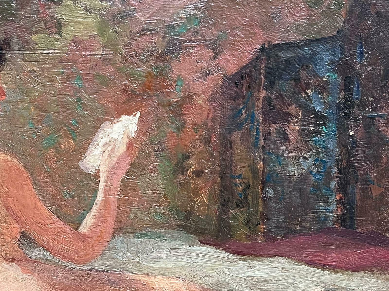 French Schoolmid Century French Oil Painting Nude Lady On Bed Reading, Signed & Framed photo for sale