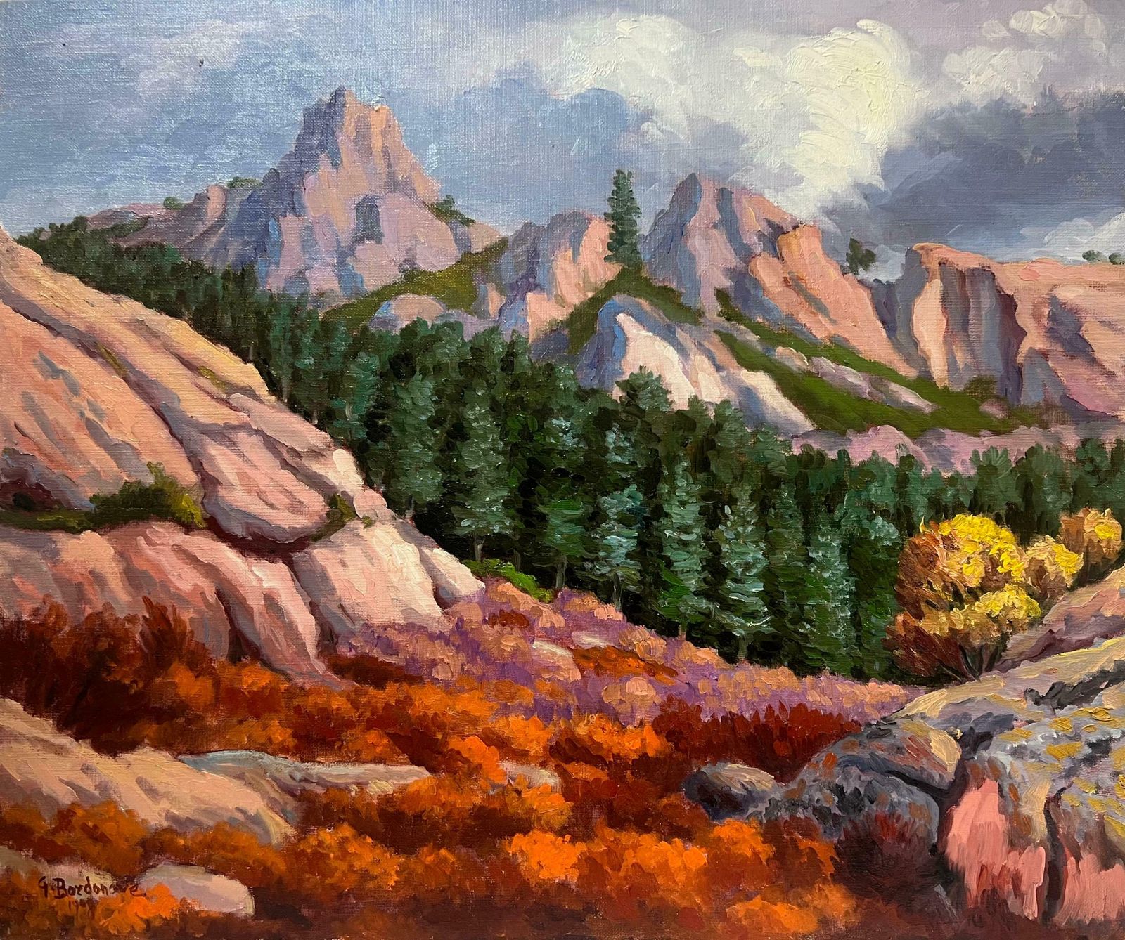 Georges Bordonovelarge French Contemporary Oil Painting Mountain Rocky Forest Landscape