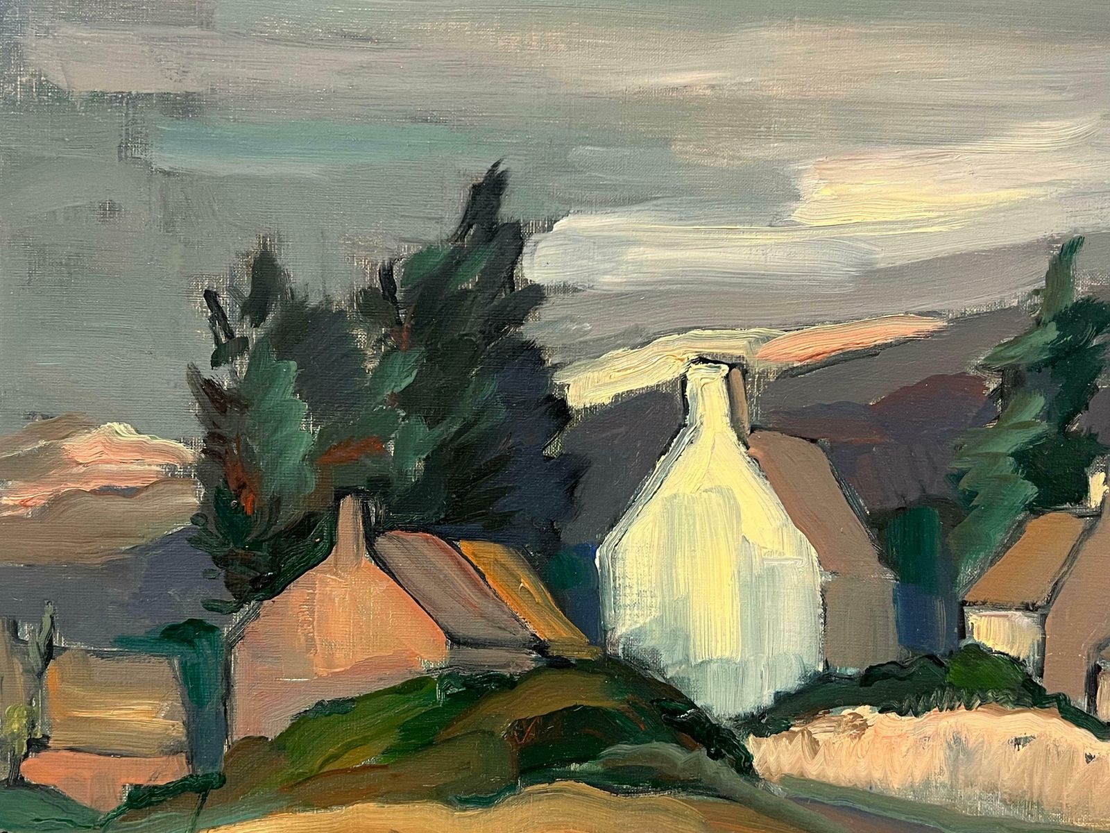 Georges Bordonove1970's French Post Impressionist Signed Oil Painting Farm Houses Brown Landscape1970 photo Art