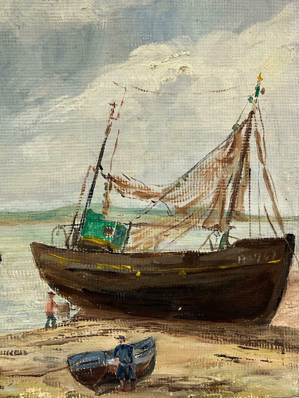 Simone Forgemid Century French Impressionist Ofishing Boats Moored On The Beach With Figures20th Century photo for sale