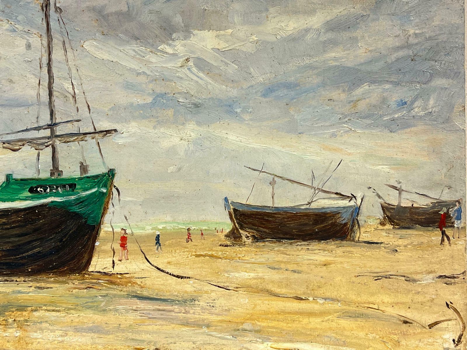 Simone Forge1930's French Impressionist Low Tide With Fishing Boats And Figures On The Shore19th Century photo for sale