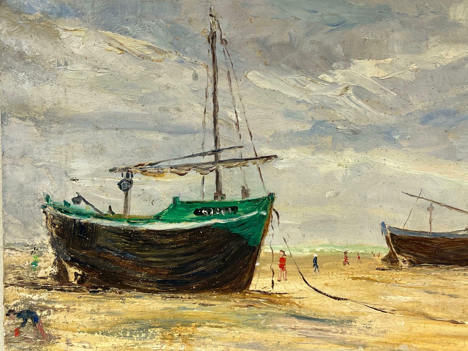 Simone Forge1930's French Impressionist Low Tide With Fishing Boats And Figures On The Shore19th Century photo Art