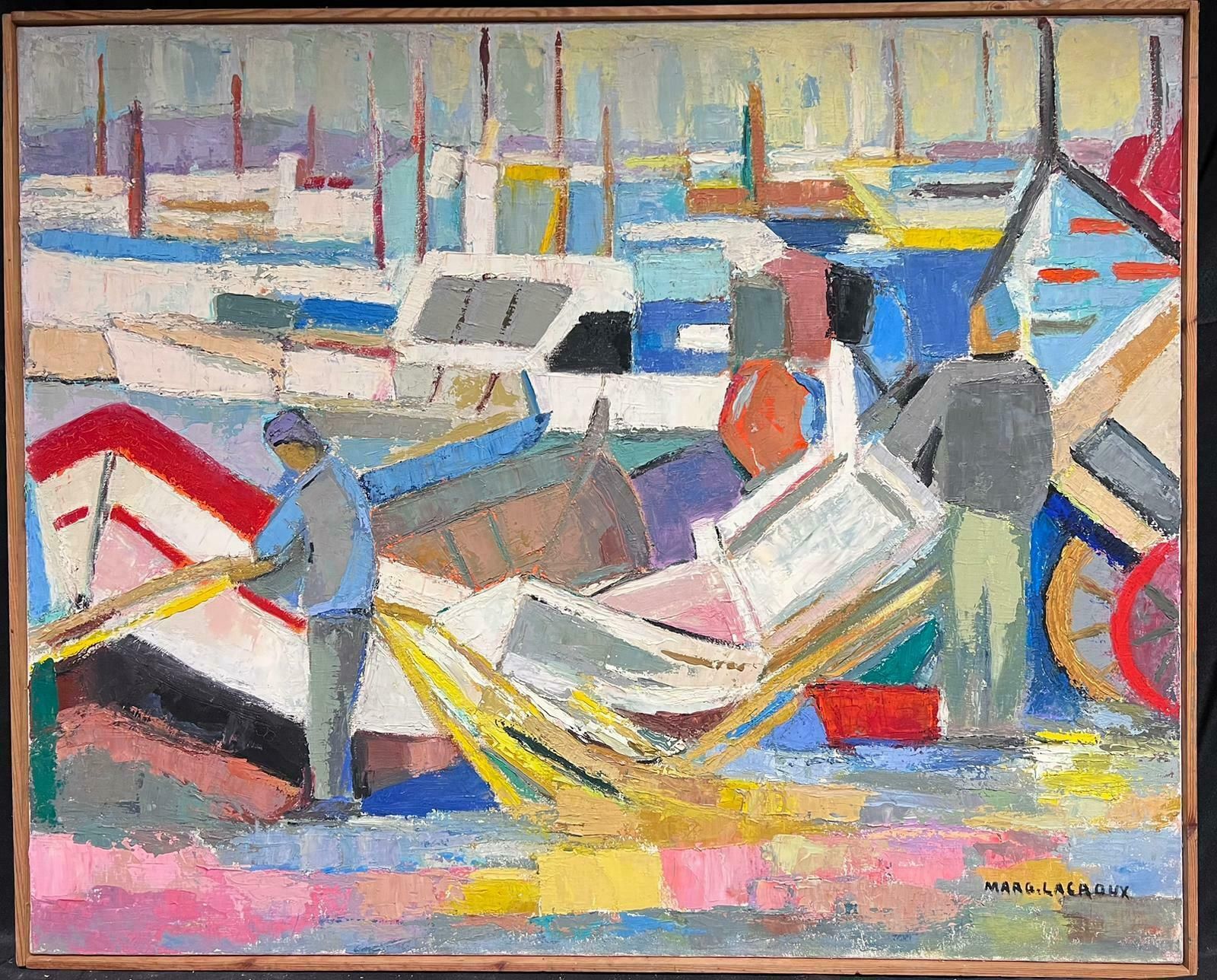 Marguerite Lacrouxhuge Mid 20th Century French Cubist Signed Oil Fisherman With Boats Harbor Quay photo furniture