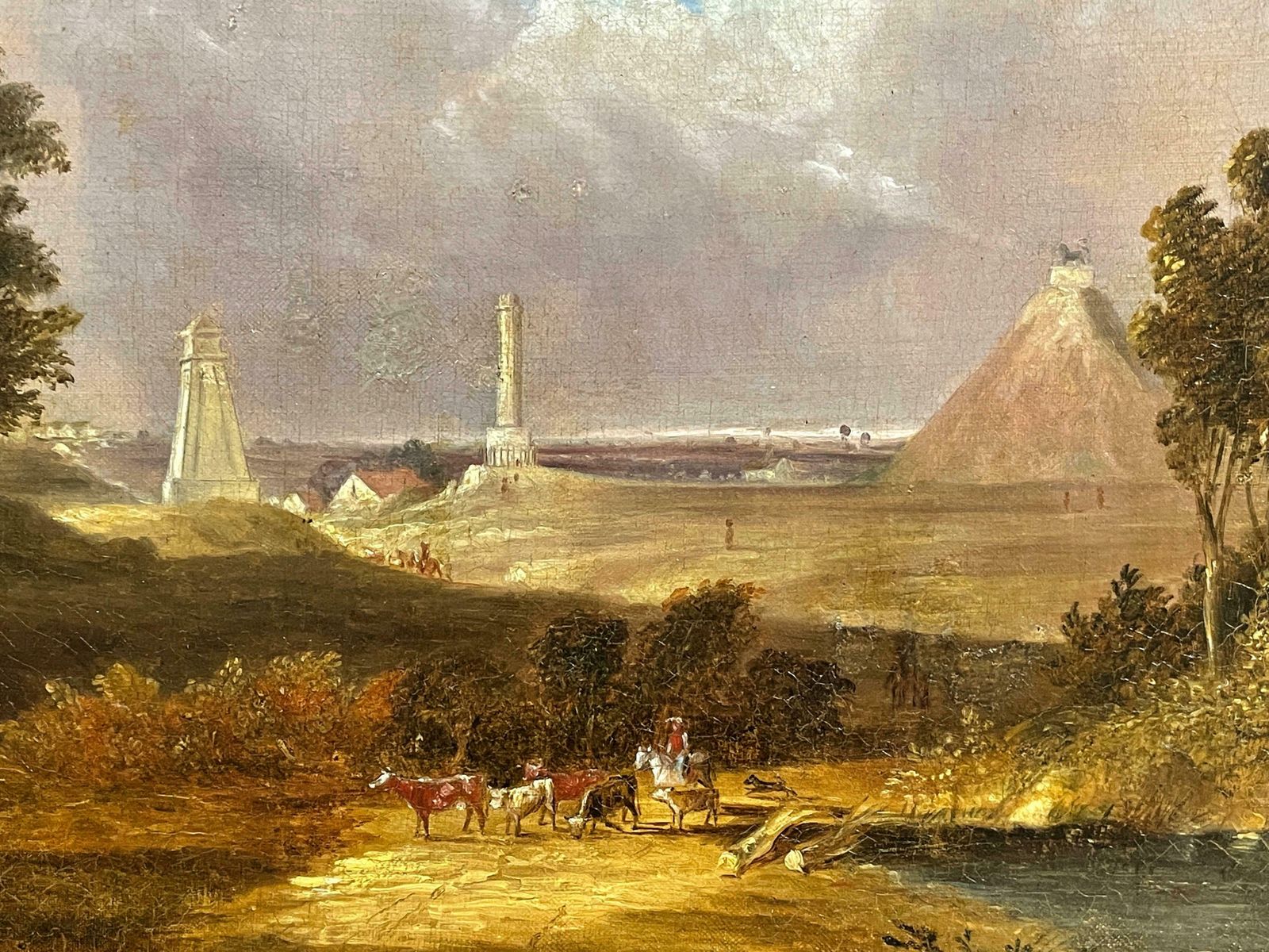 1850's Englishwaterloo Battlefield With 3 Monuments   Butte Du Lion, Antique Oil Painting19th Century photo vintage
