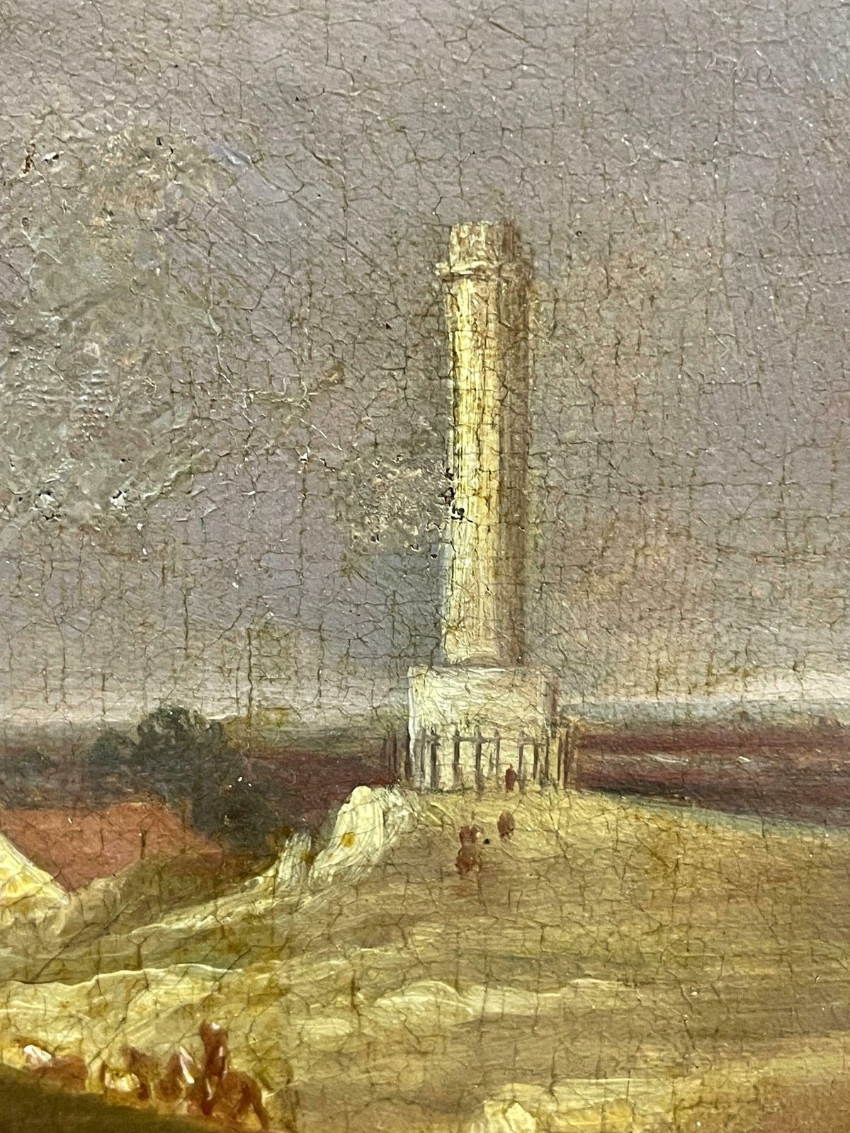 photo vinterior 1850's Englishwaterloo Battlefield With 3 Monuments   Butte Du Lion, Antique Oil Painting19th Century