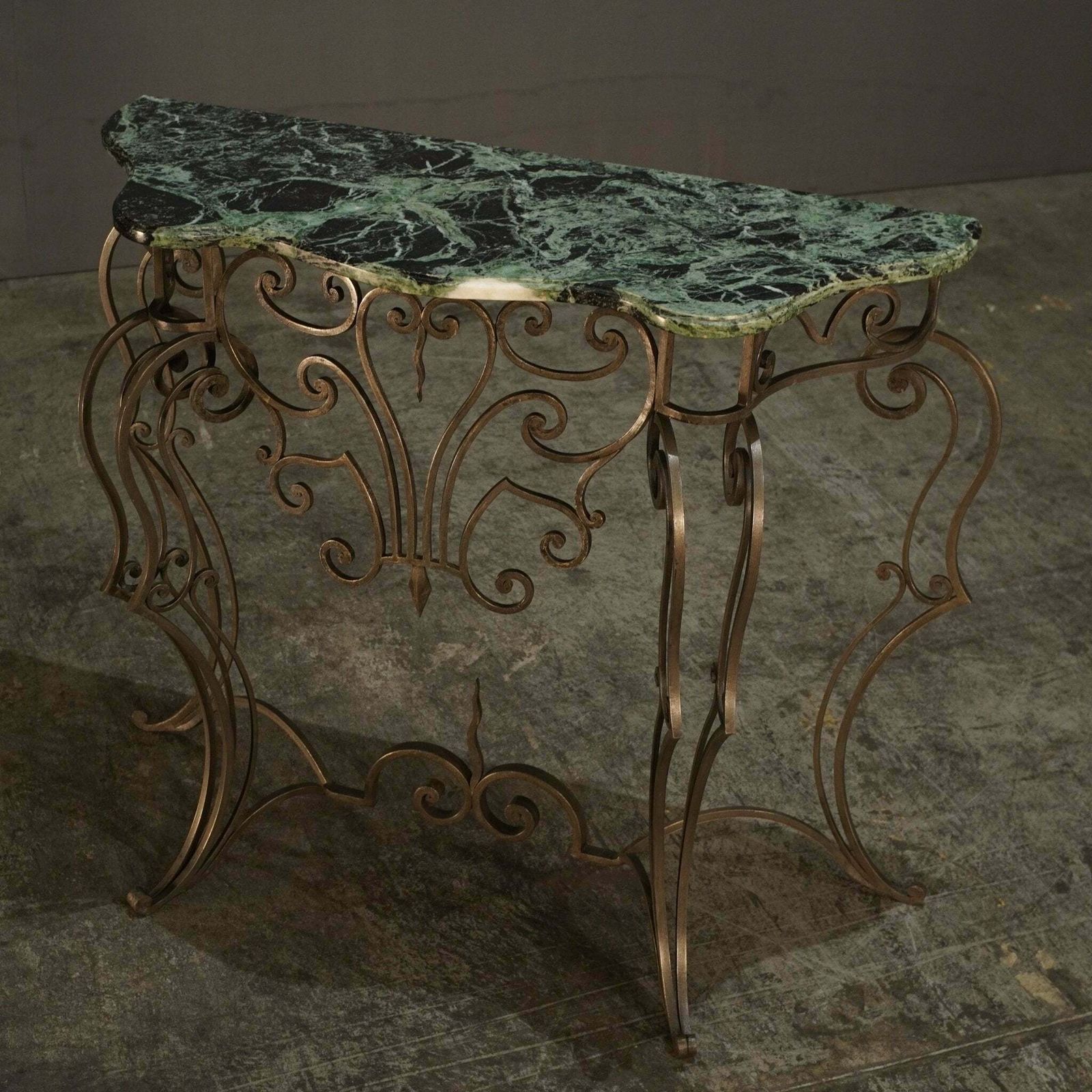 Wrought Steel Variegated Marble Top Console Table, Manner Of Gilbert Poillerat photo for sale