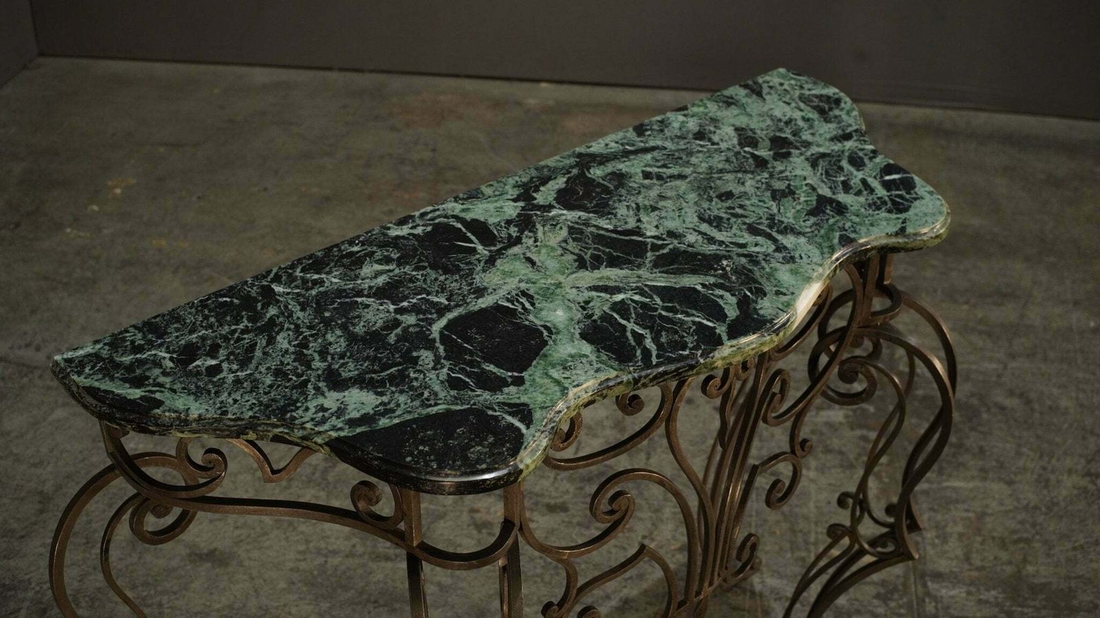 photo for sale Wrought Steel Variegated Marble Top Console Table, Manner Of Gilbert Poillerat