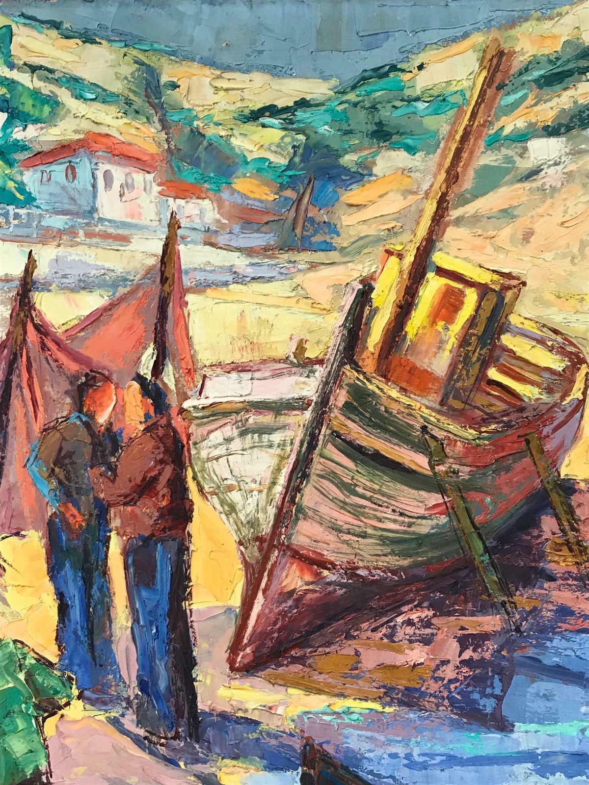 French School1950's French Post Impressionist Signed Oil   Fishermen With Boats On Beach photo 1400.0
