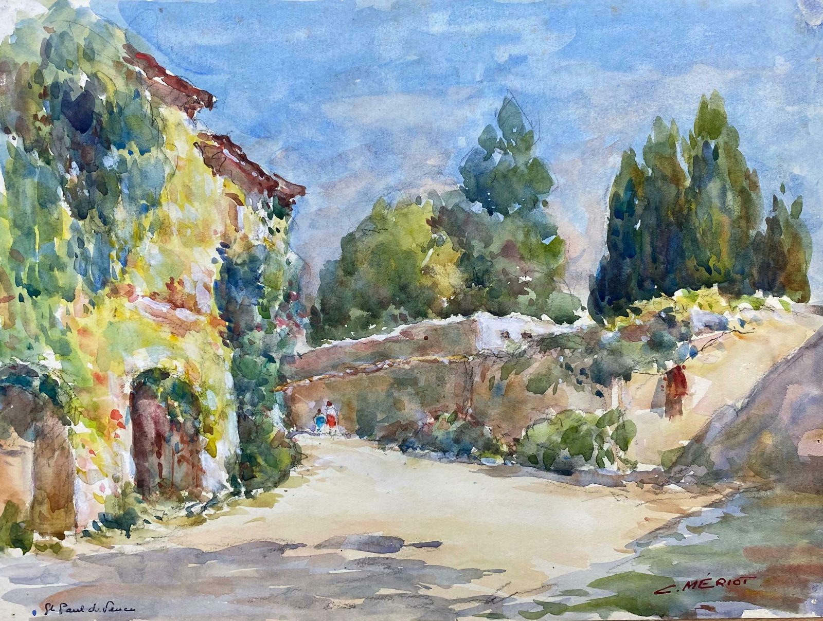 Camille Meriotst Paul De Vence  French Signed Watercolour Painting   Colourful French Streetsc. 1940's